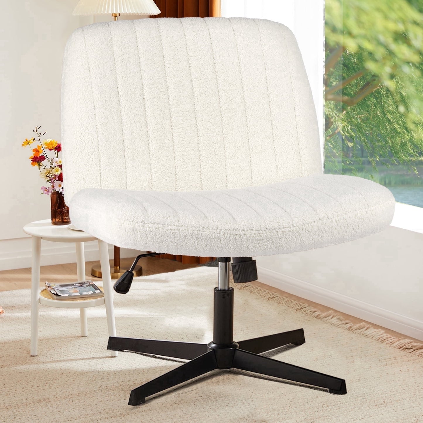 Armless Criss Cross Legged Office Chair, Desk Chair No Wheels, Teddy Fabric, Beige