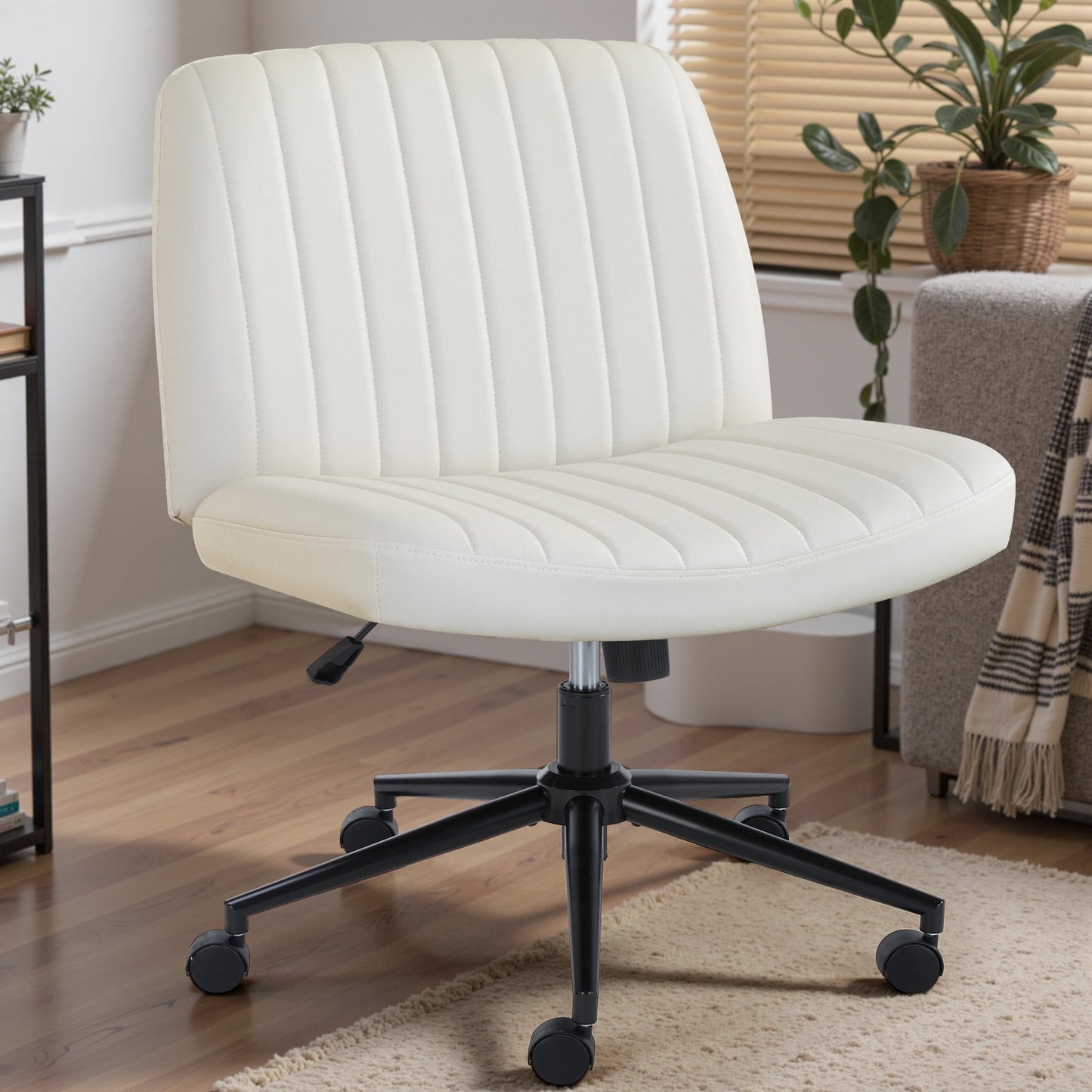 Armless Criss Cross Legged Office Chair, Desk Chair With Wheels, PU Leather, Beige