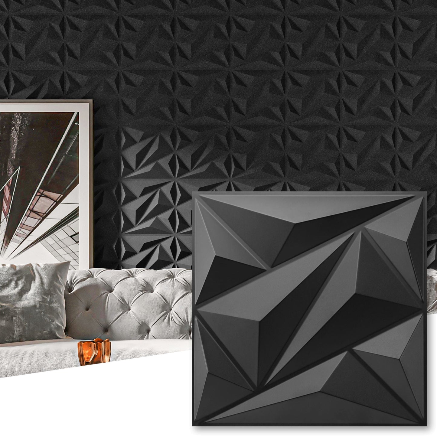 Art3d 11.81''x11.81'' 33pcs 3D Wall Panel Diamond for Interior Home Decor,PVC Wall Panels,3D Textured Wall Panels,Black