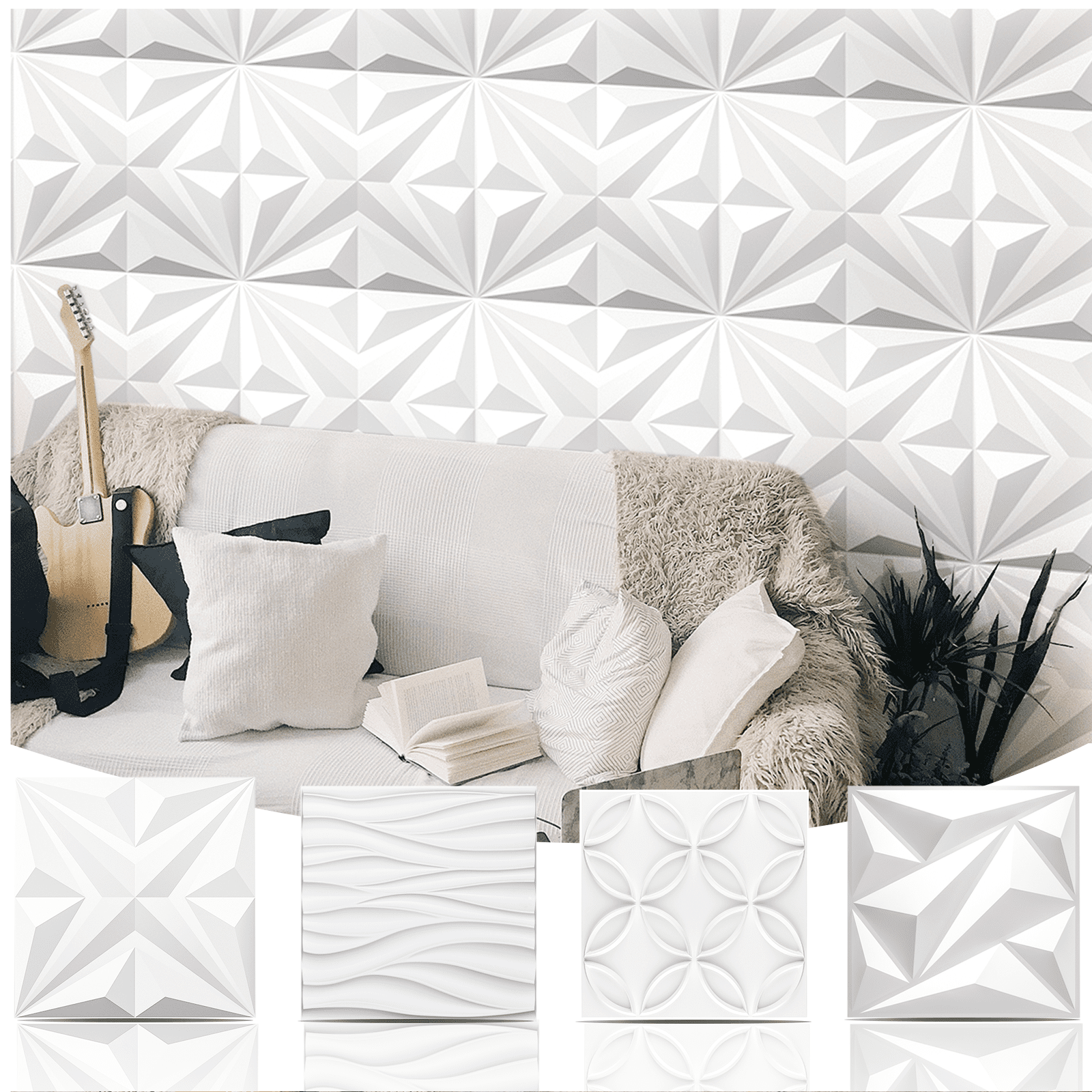 Art3d 3D Wall Panels Matte White 197" x 197" x 005" Embossed PVC Decorative, 12 Pieces, Pack