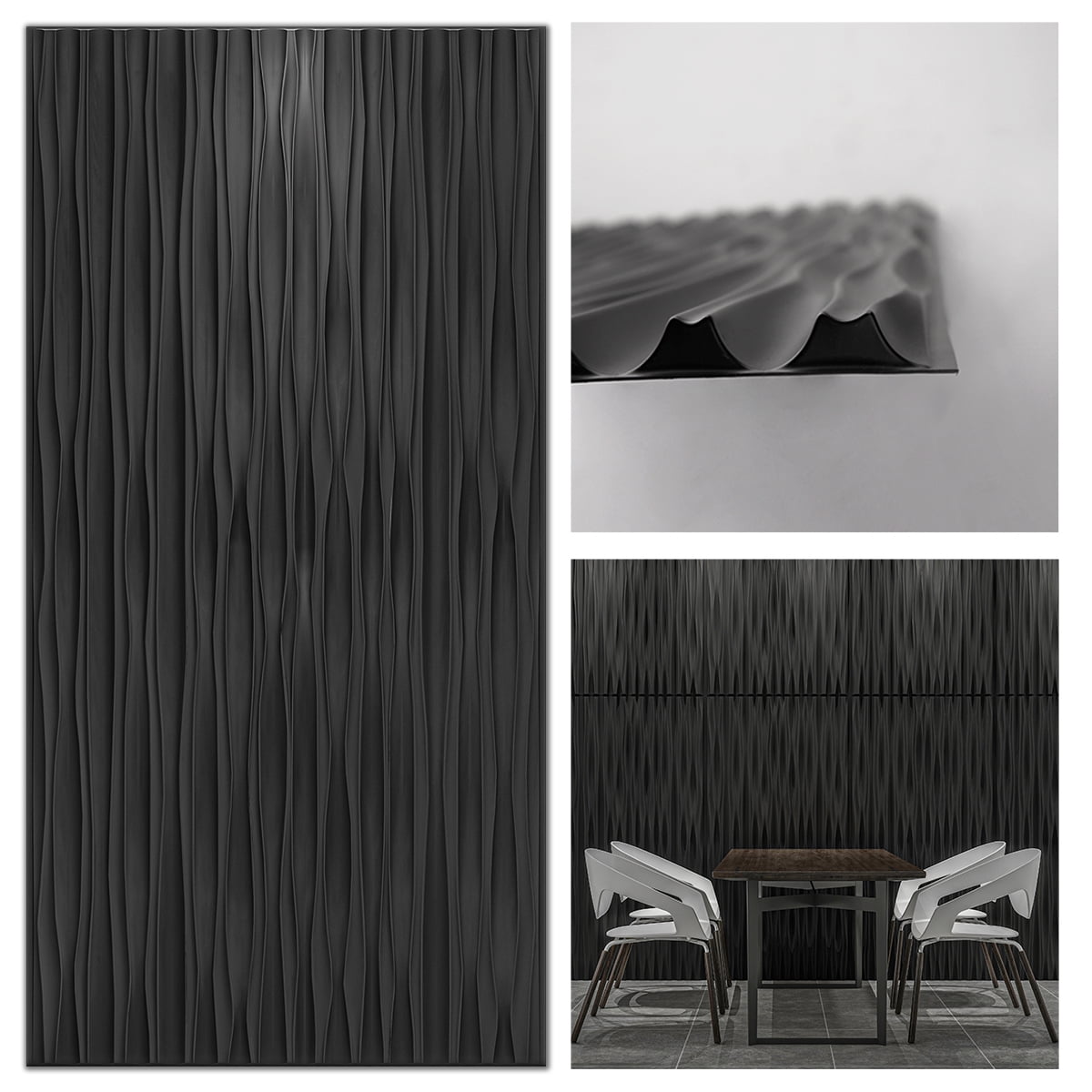 Art3d 6-Pack 47.2 "x23.6" PVC 3D Wall Panels Cum 2ftx4ft Drop Ceiling Tile, 3D Textured Wavy Wall Paneling-Black