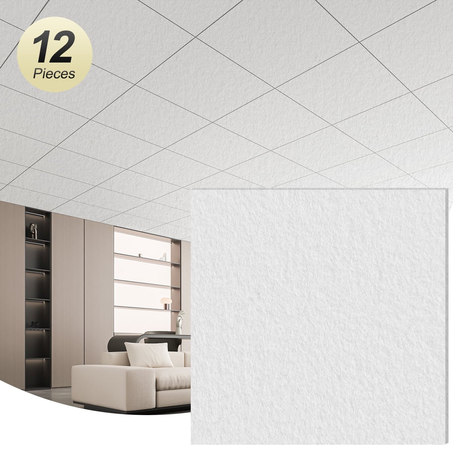 Art3dwallpanel 12-Pack 2x2ft Waterproof Ceiling Tiles, Acoustic, No-Sag Panels for Basement & Office,White