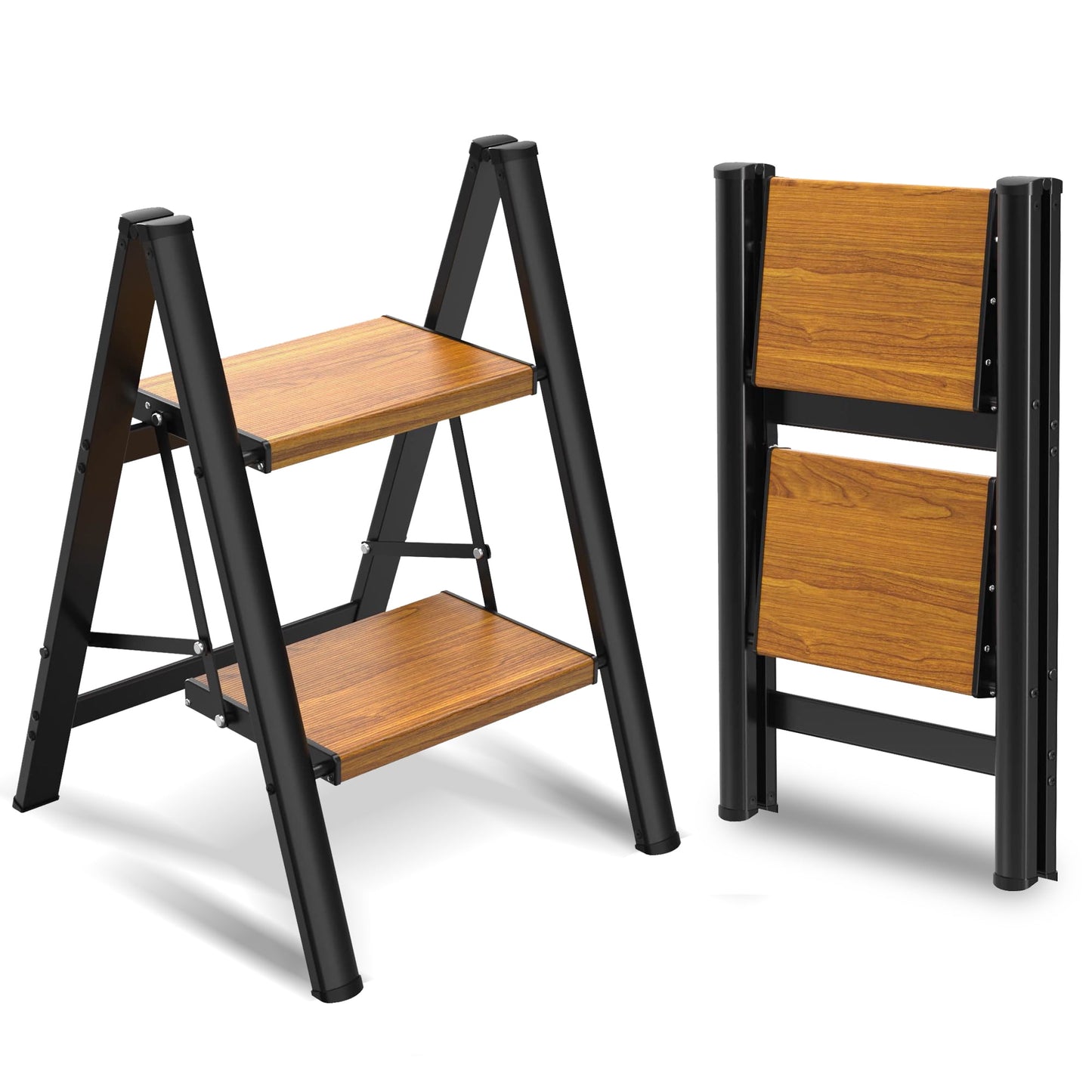 Asopheer 2 Step Ladder, Lightweight Folding Step Stool with Extra-Wide Anti-Slip Steps, 330 lbs Capacity, Compact Space-Saving Design for Closet, Kitchen, Black