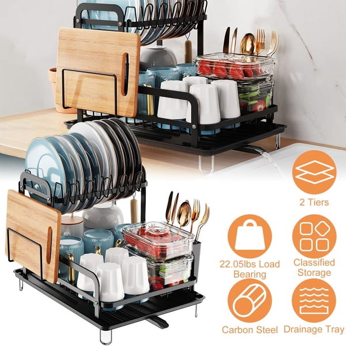 AsterOutdoor 2-Tier Dish Drying Rack - Stainless Steel Space Saving Organizer w/ Detachable Drainboard & Utensil Holder - 16.65" Countertop Drainer for Small Kitchens