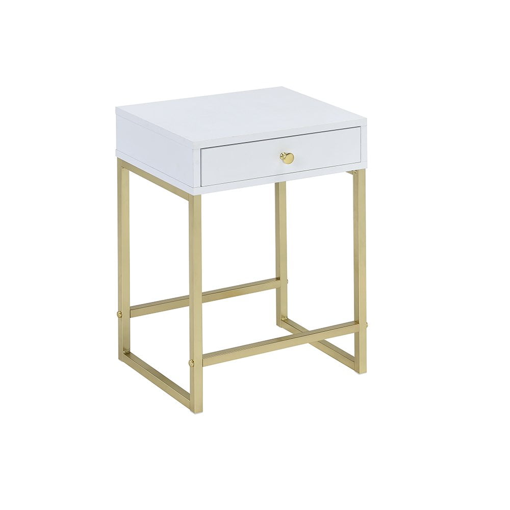 ACME Coleen 1-Drawer Metal Tube End Table in White and Brass