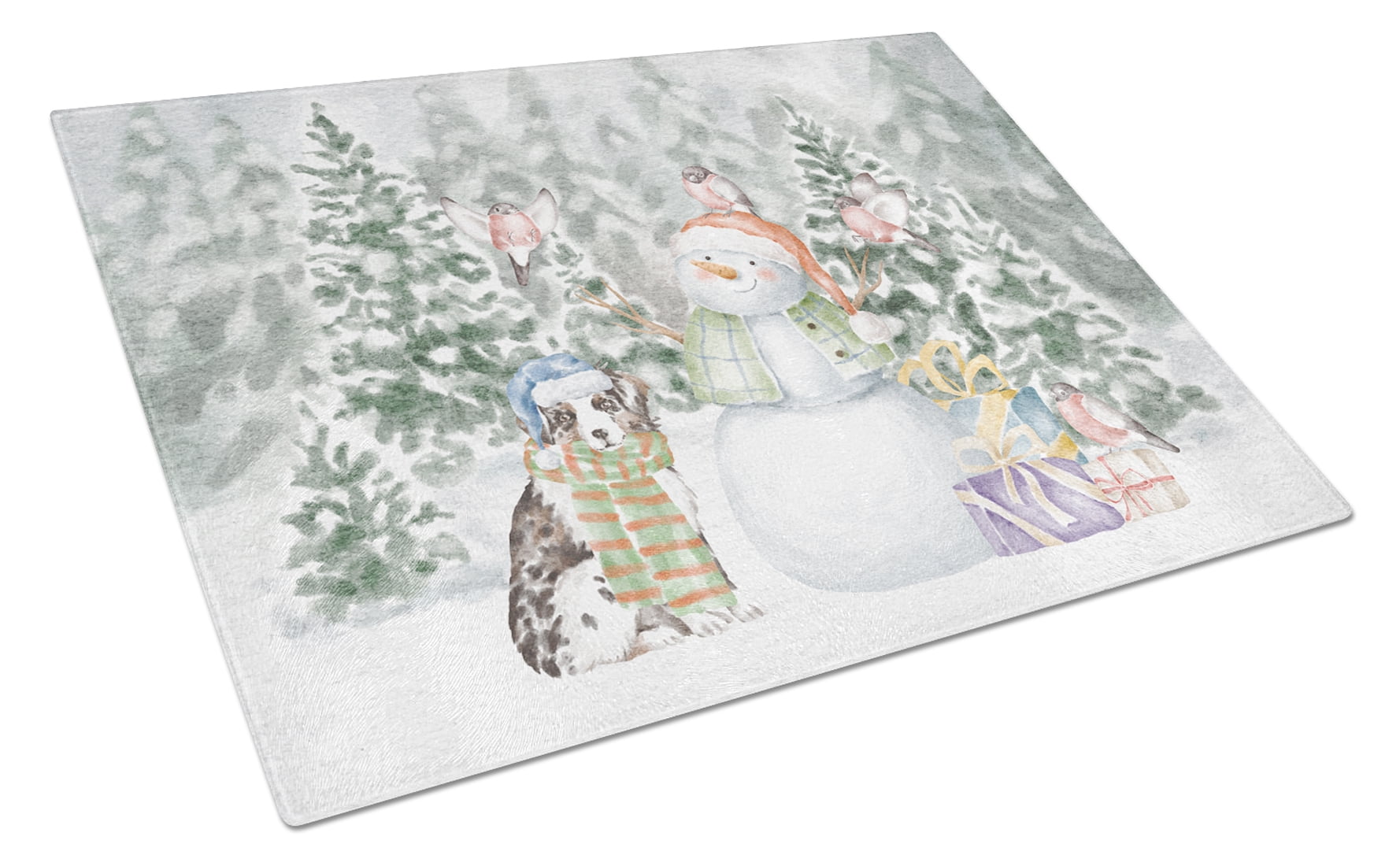 Atralian Shepherd Puppy Blue Merle and Tan with Christmas Presents Glass Cutting Board Large 12 in x 15 in