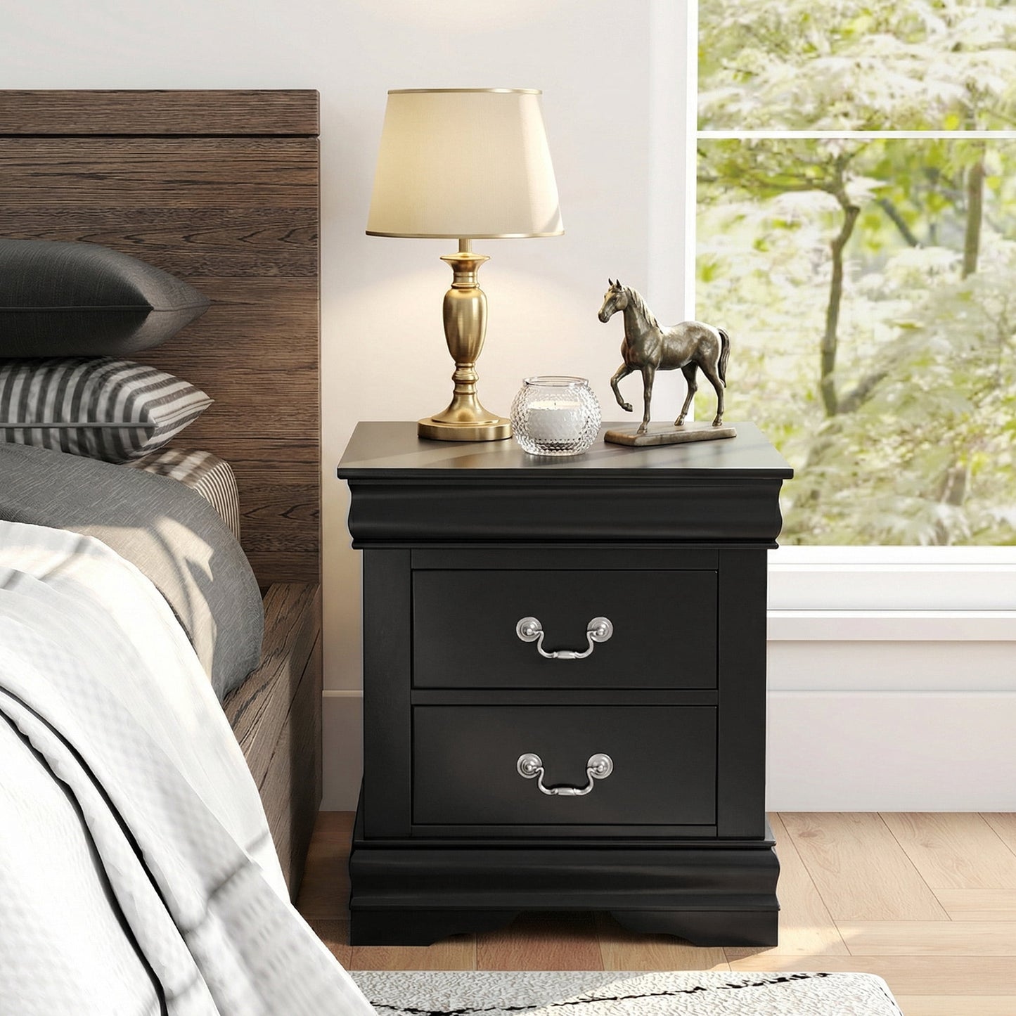 Aukfa 2-Drawer Nightstand, Mid-Century Modern Wood Bedside Table for Bedroom/Living Room/Guest Room,Black