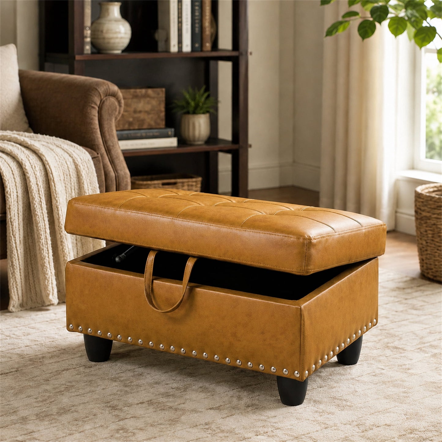 Aukfa 29" Storage Ottoman Bench for Sectional Sofa for Home Office, Nailhead Trim&Lift Top, Leather, Ginger