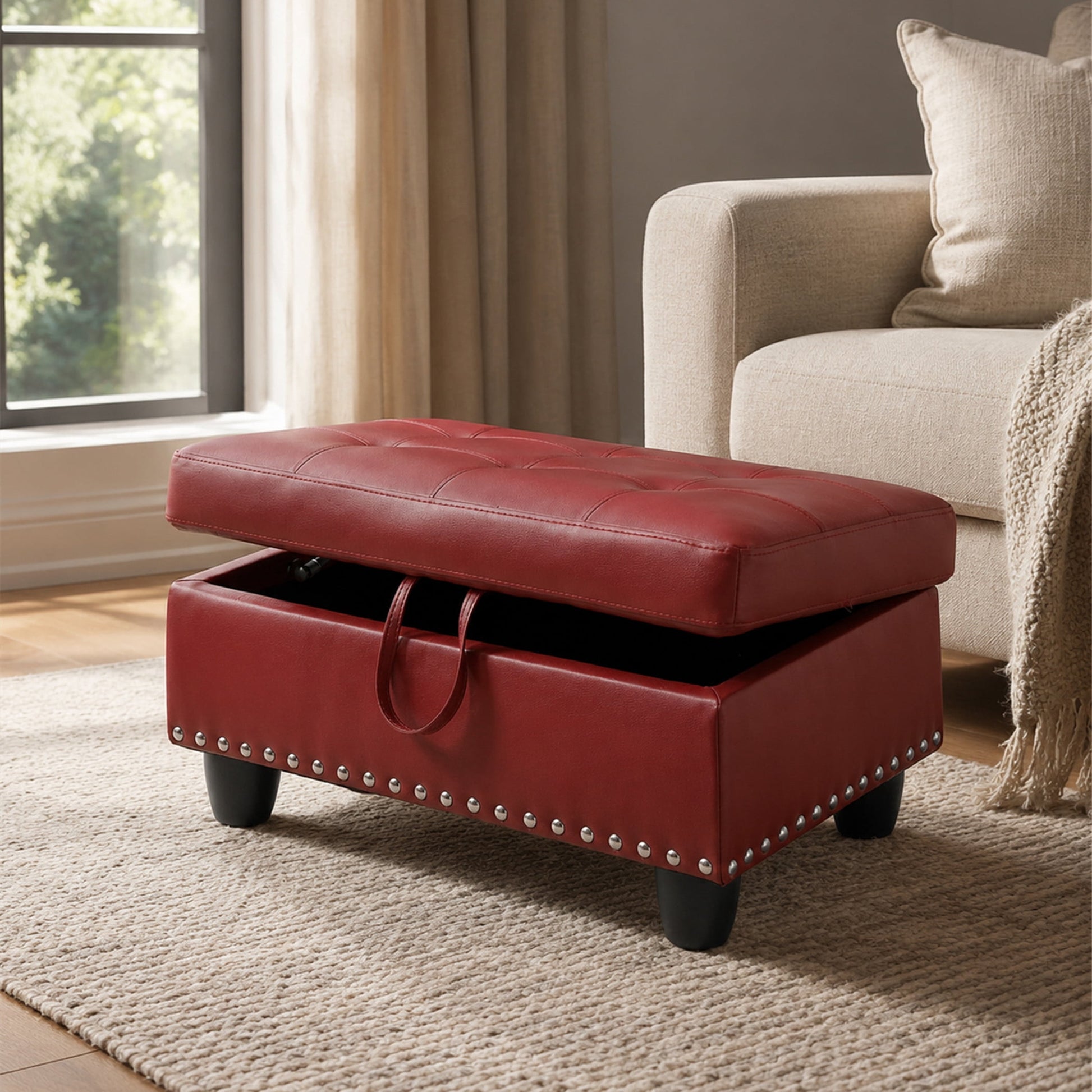 Aukfa 29" Storage Ottoman Bench for Sectional Sofa for Home Office, Nailhead Trim&Lift Top, Leather, Red