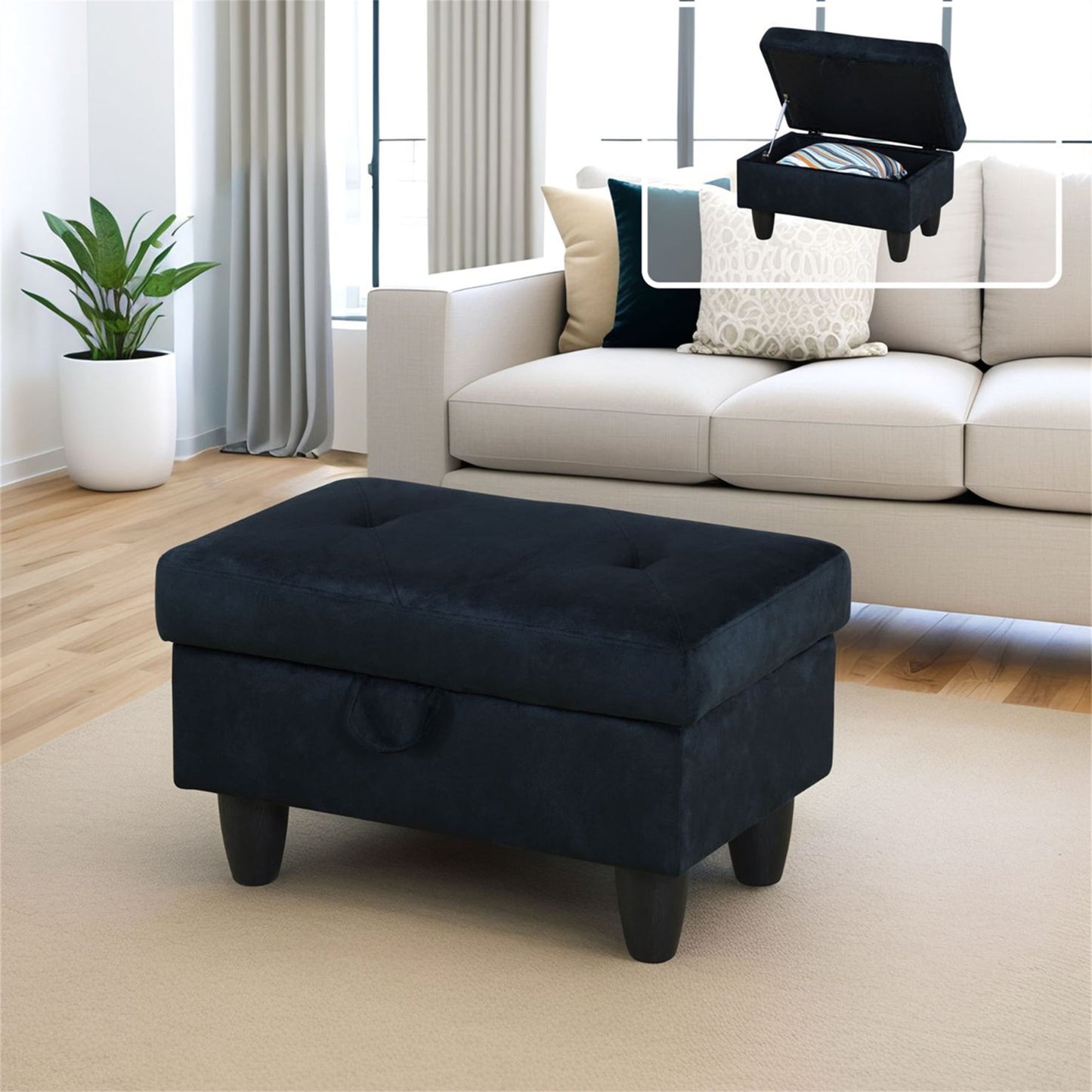 Aukfa 29" Storage Ottoman Bench with Lift Top for Home Office, Flannel, Midnight Blue