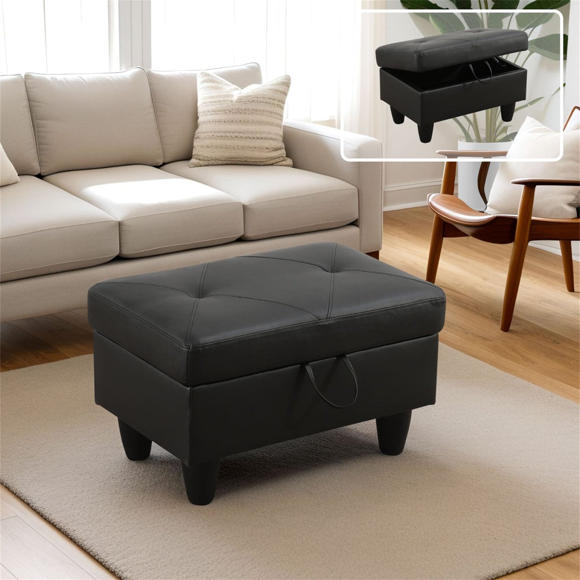Aukfa 29" Storage Ottoman Bench for Sectional Sofa for Home Office, Lift Top , Leather, Black