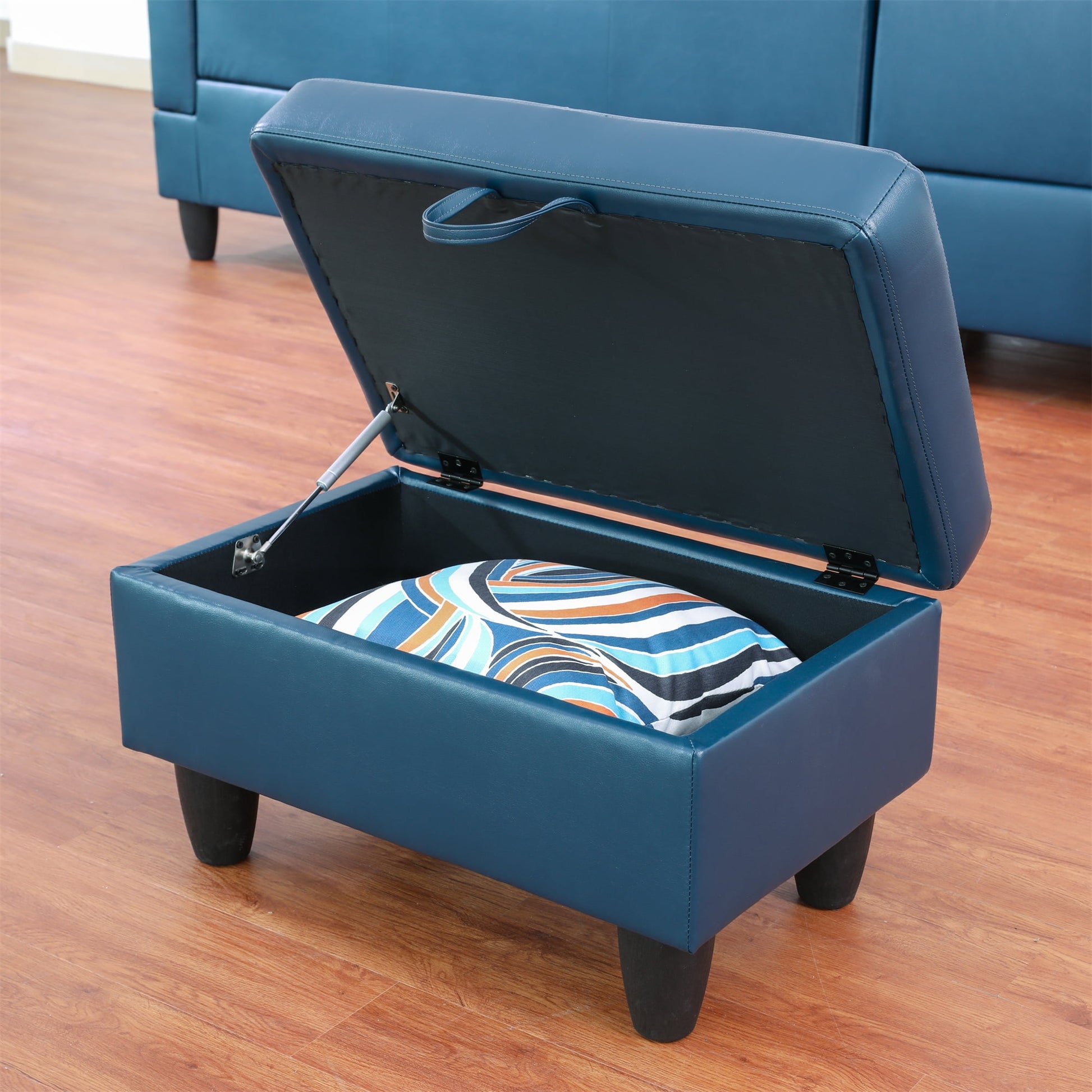 Aukfa 29" Storage Ottoman Bench for Sectional Sofa for Home Office, Lift Top , Leather, Blue