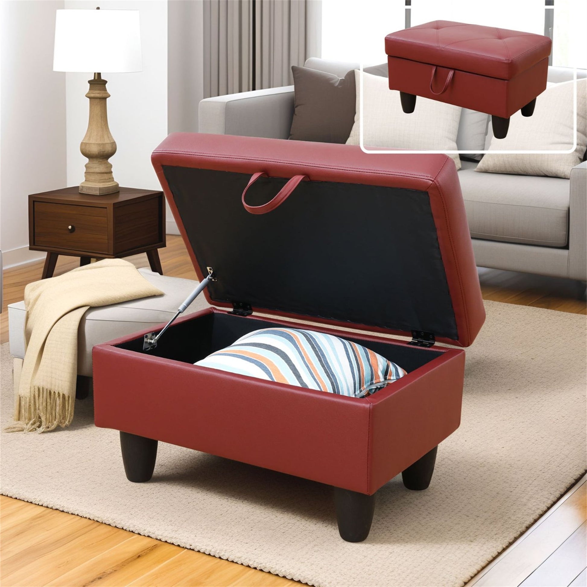 Aukfa 29" Storage Ottoman Bench for Sectional Sofa for Home Office, Lift Top , Leather, Red