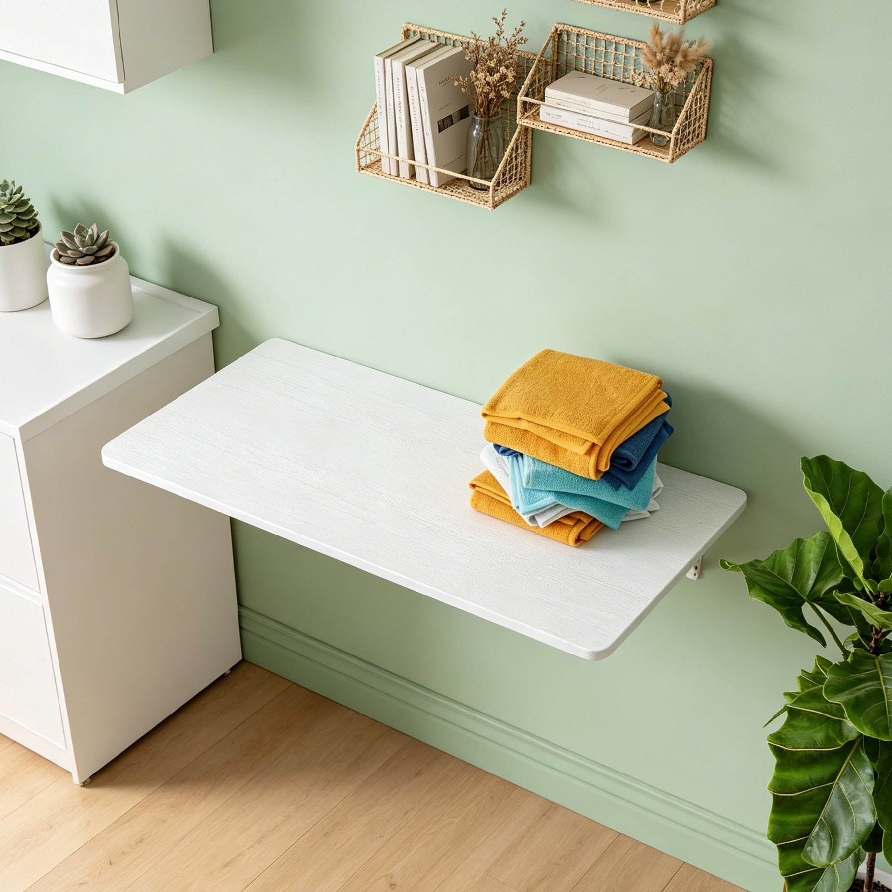 Aukfa 31.4" Wall Mounted Folding Table, Heavy-Duty Fold Down Table, Space-Saving Floating Desk for Laundry Room, Garage, Home Office,White