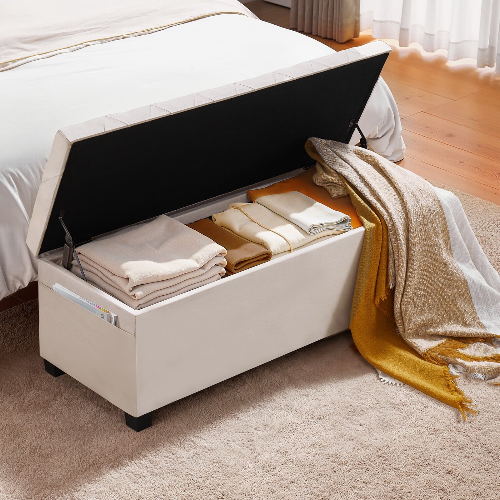 Aukfa 43" Storage Ottoman Bench with Gold Legs, Linen End of Bed Bench for Bedroom & Entryway,Beige