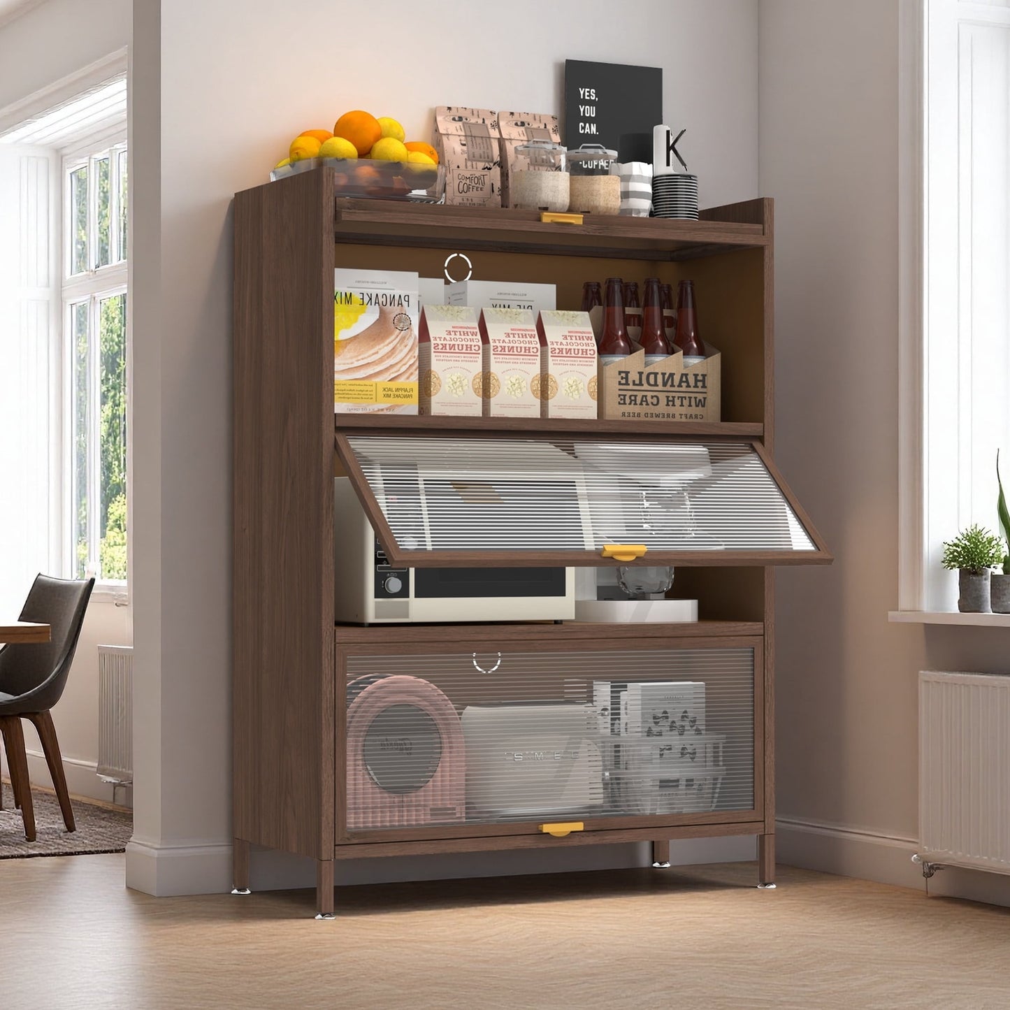 Aukfa 44" Tall Metal Storage Cabinet, 3 Flip Doors Freestanding Pantry Cabinet for Dining Study Kitchen Living Room,Walnut