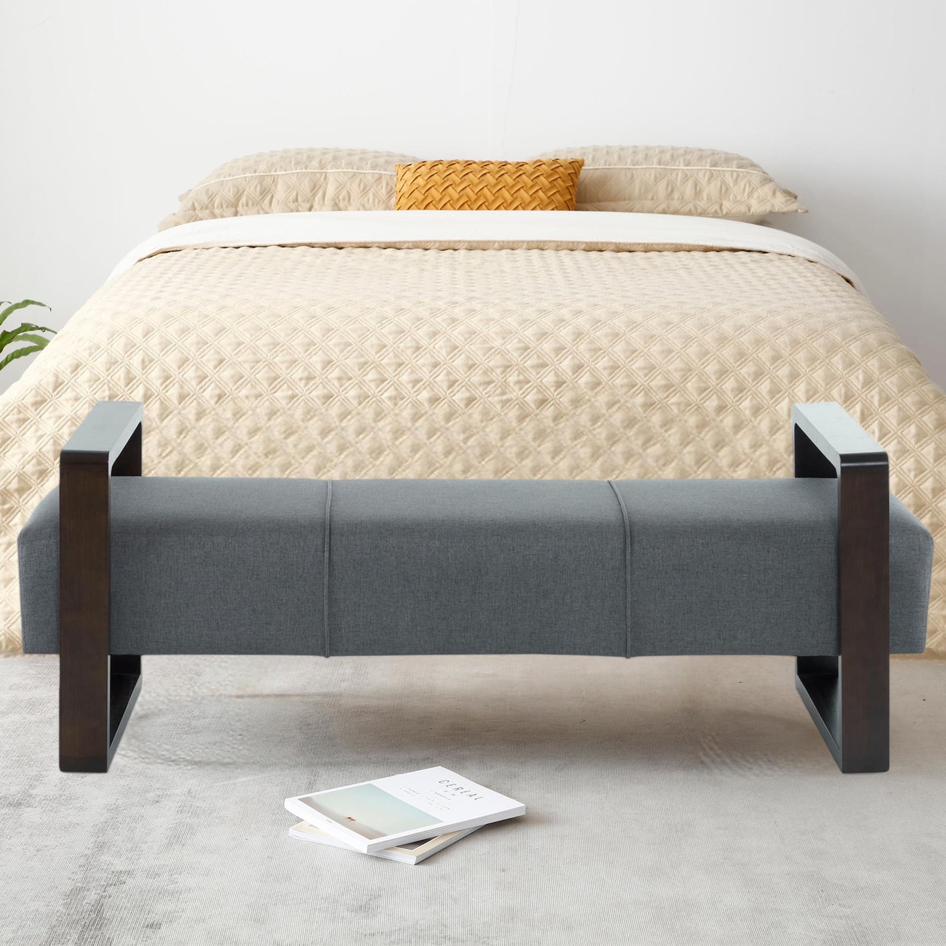 Aukfa Banco de 59" para el Final de la Cama para Dormitorio, Entrada, Patas de Madera, Brazo Hueco, Gris