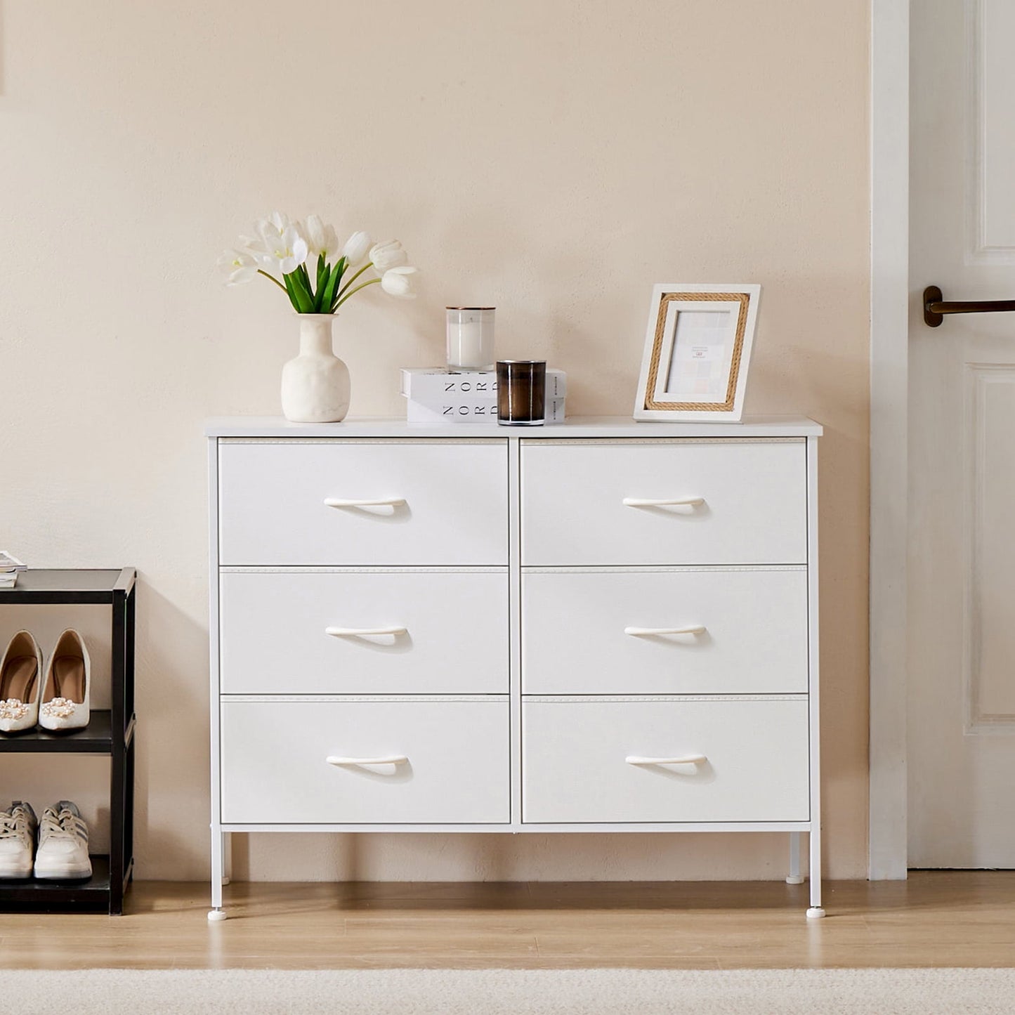 Aukfa 6 Drawer Dresser,Wide Chest of Drawers for Bedroom with Metal Frame for TV,White