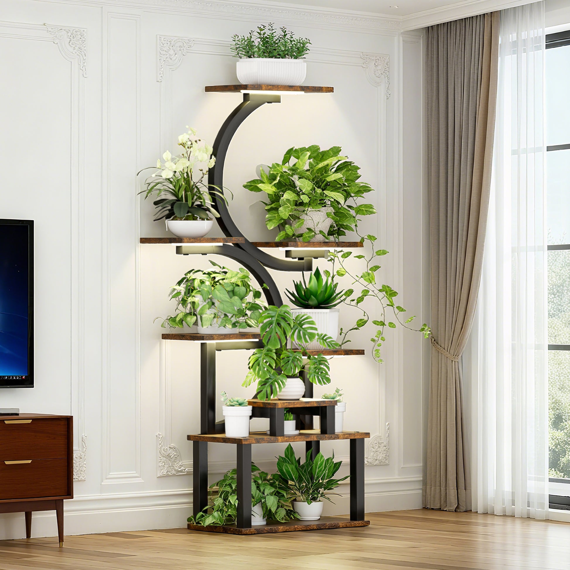 Aukfa 8-Tier Metal Plant Stand with Grow Lights,61.4" Tall Indoor Heavy Duty Plant Shelf for Multiple Plants, Full Spectrum LED& Time,Rustic Brown