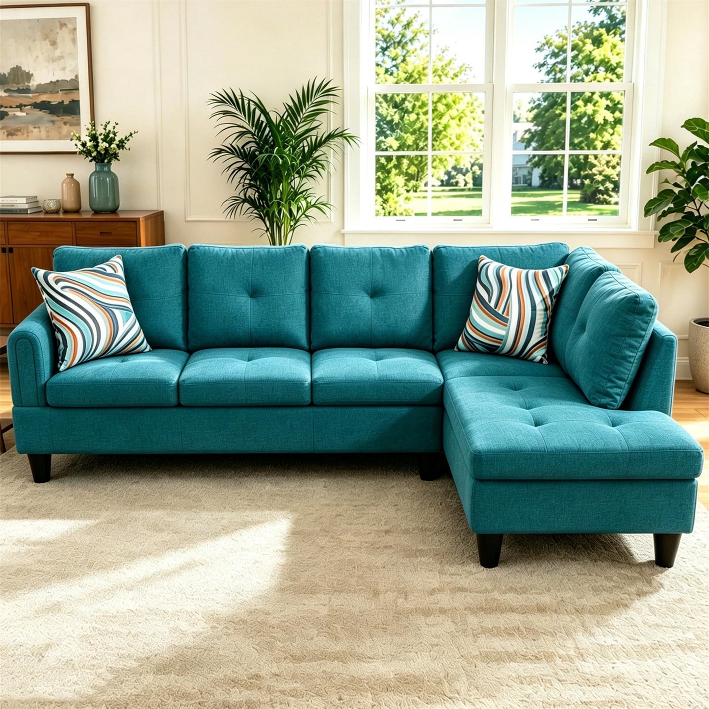 Aukfa 97" Classic Sectional Sofa 4 Seat L shape Couch with Oversized Right Chaise for Living Room, 2Pillows, Linen, Aqua Blue