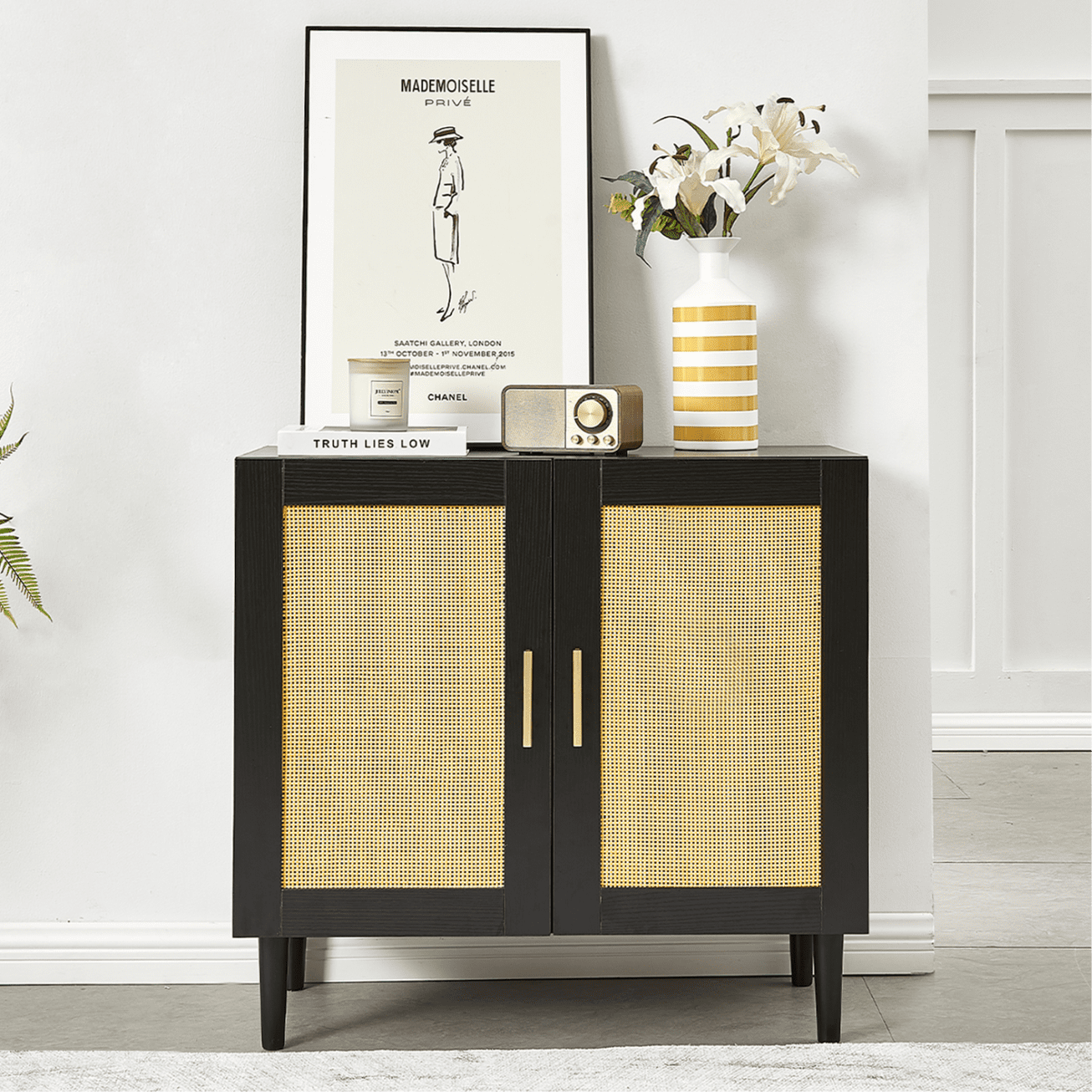 Aukfa Accent Cabinet Sideboard w/ Rattan Door for Living Room Entryway,Black