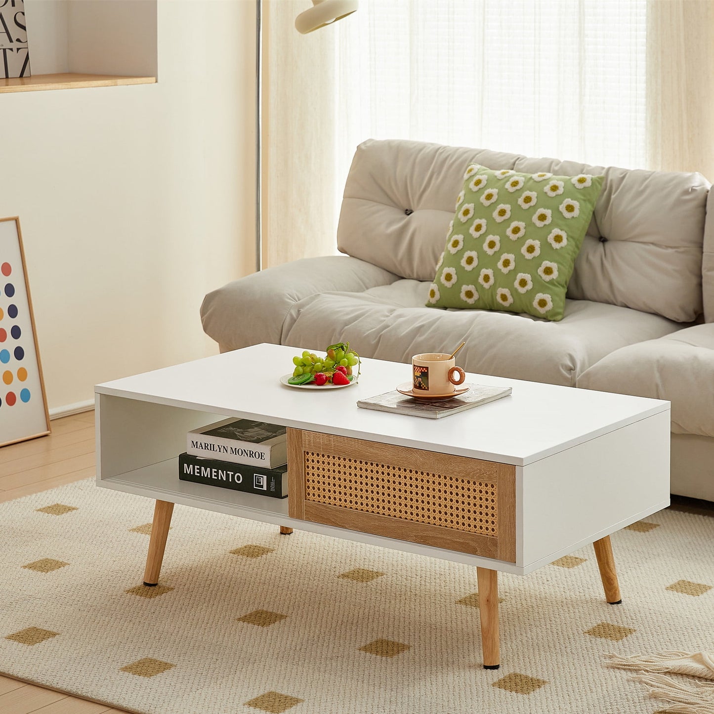 Aukfa Coffee Table with Storage, Modern Sofa Center Table for Living Room Home Office, White