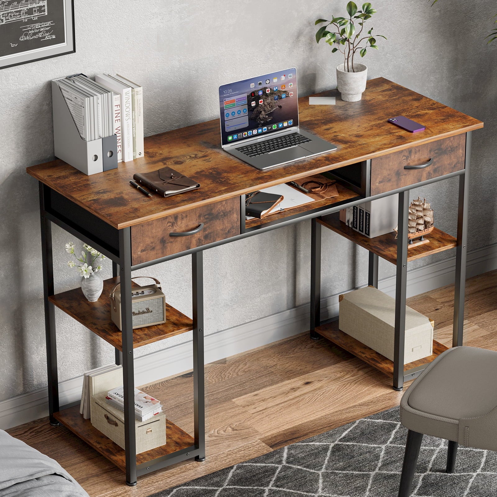 Aukfa Computer Desk with Storage Drawer, Wood Student Writing Desk for Small Space Home,Brown