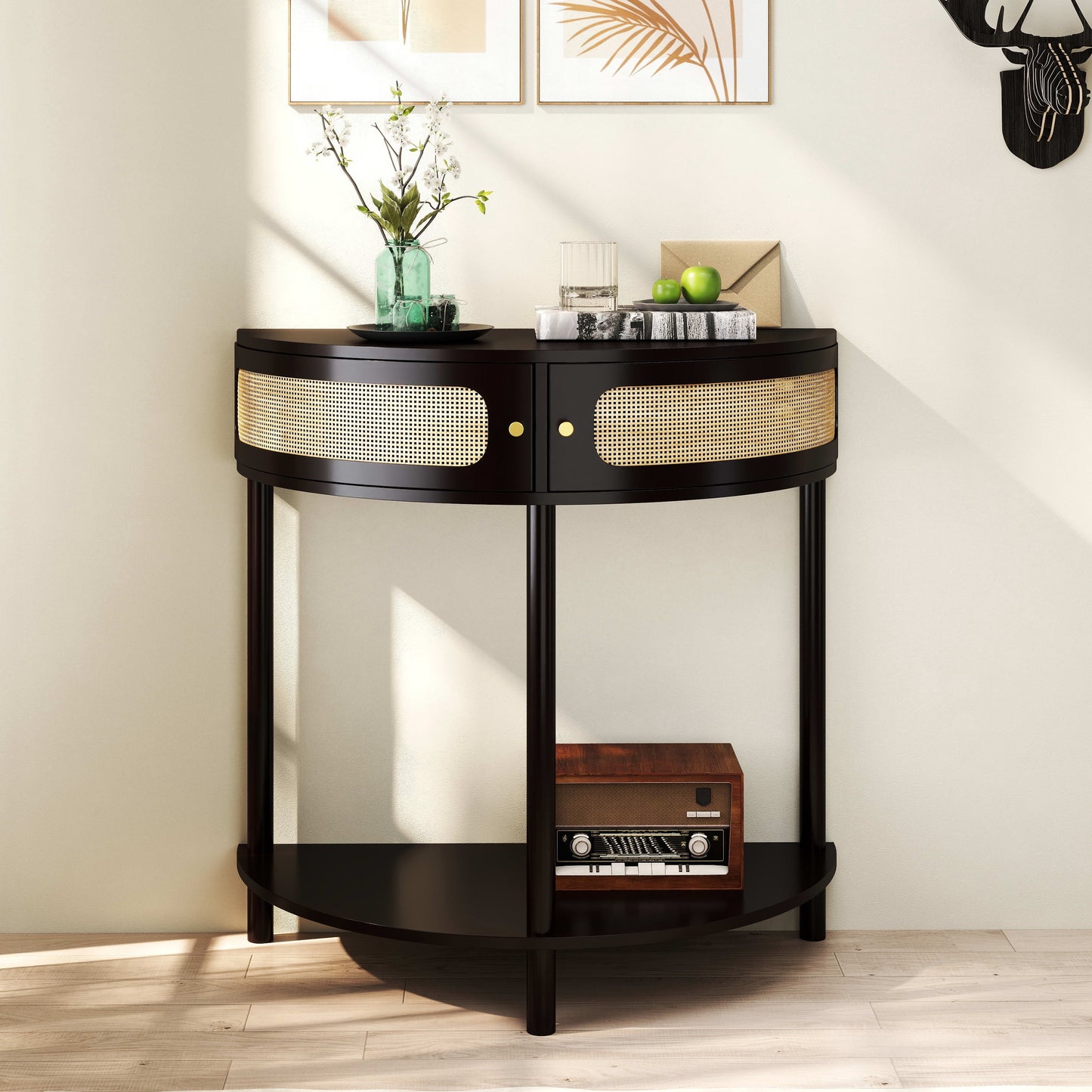 Aukfa Half Moon Console Table with Rattan Storage Cabinet,Side Table Sofa Table for Living Room, Hallway,Antique Green