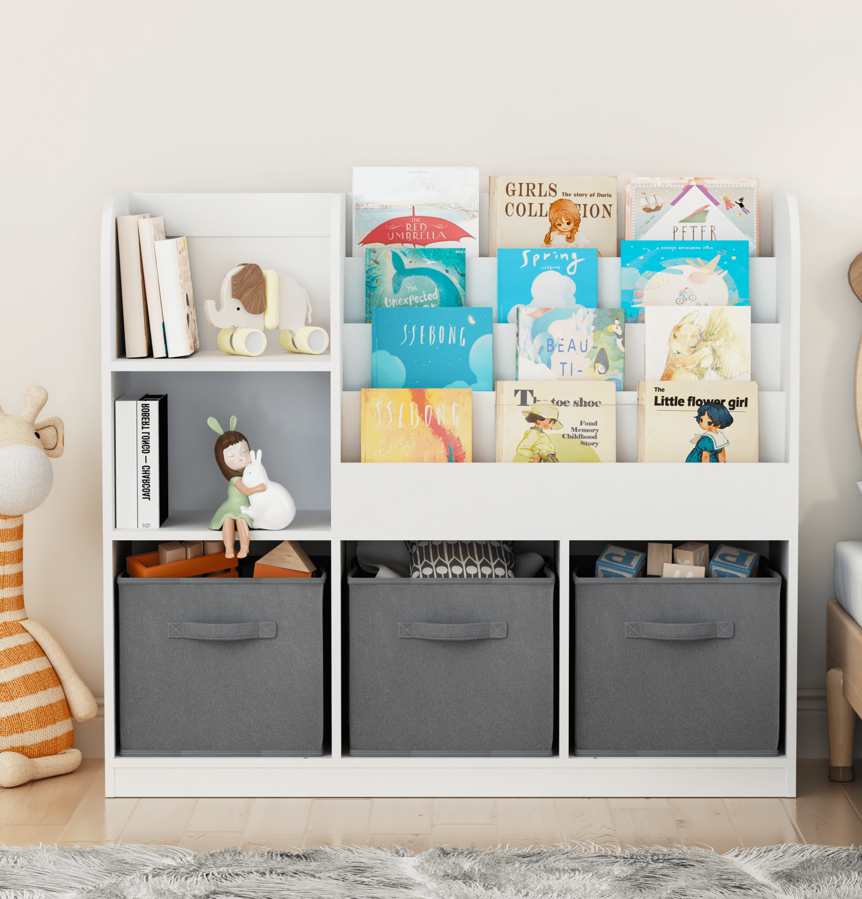 Aukfa Kids Bookcase with 3 Collapsible Drawers,Bookshelf Display Stand Toy Storage Organizer for Bedroom/Playroom,Gray
