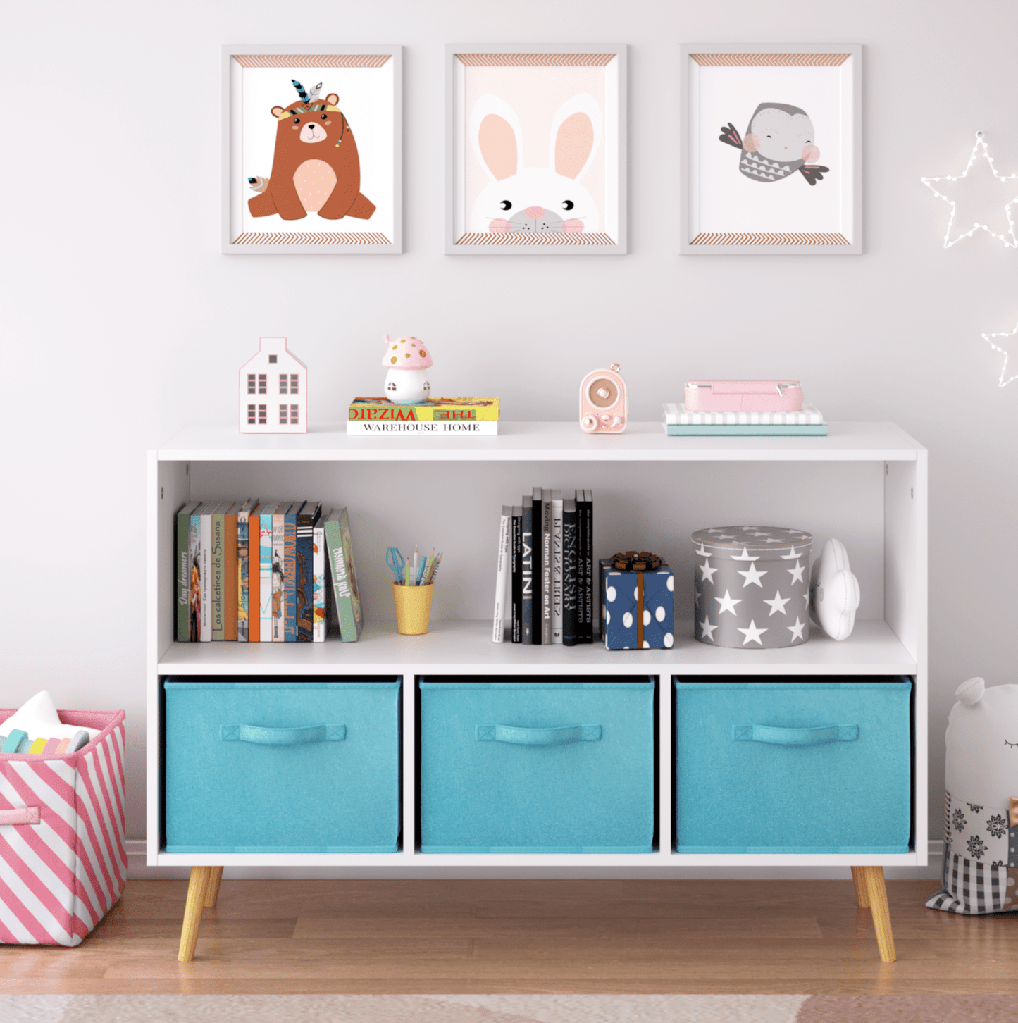 Aukfa Kids Bookcase with 3 Collapsible Drawers, Display Stand Toy Storage Organizer for Bedroom/Playroom,Blue
