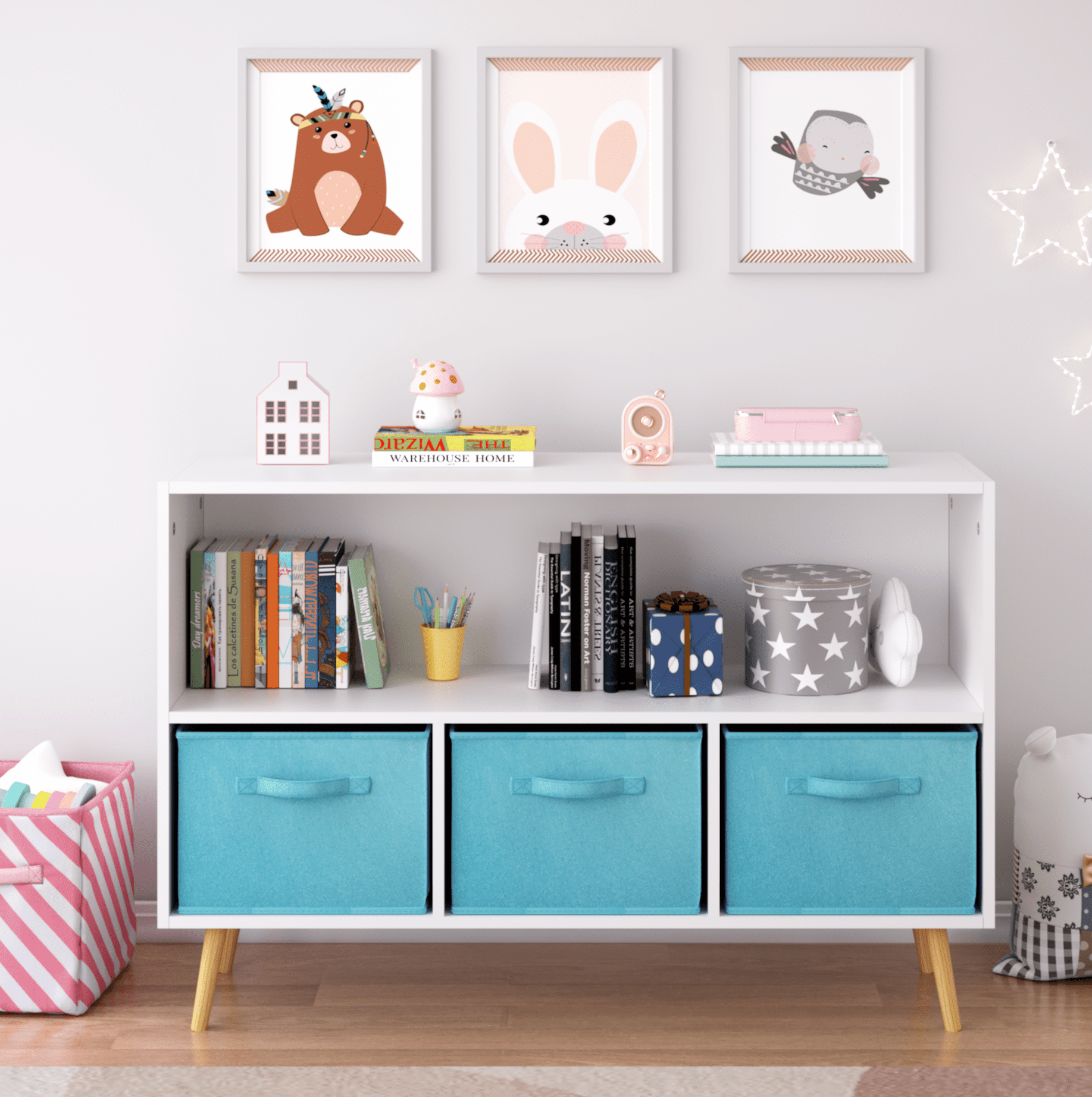 Aukfa Kids Bookcase with 3 Collapsible Drawers, Display Stand Toy Storage Organizer for Bedroom/Playroom,Purple