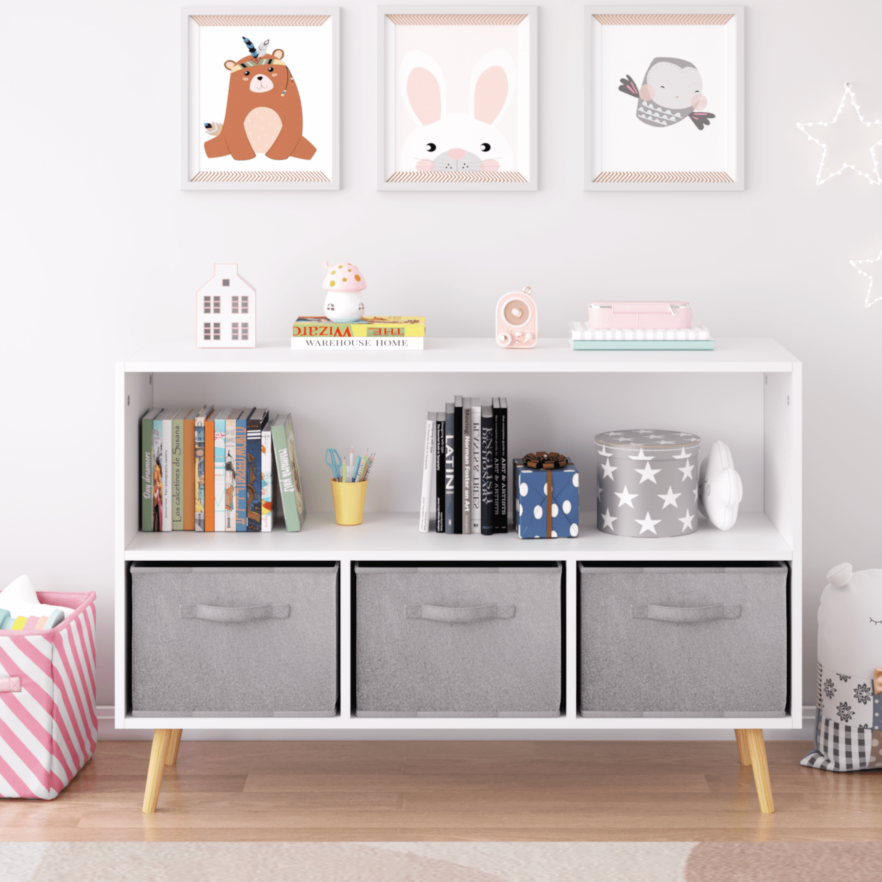 Aukfa Kids Bookcase with 3 Collapsible Drawers, Display Stand Toy Storage Organizer for Bedroom/Playroom,Gray