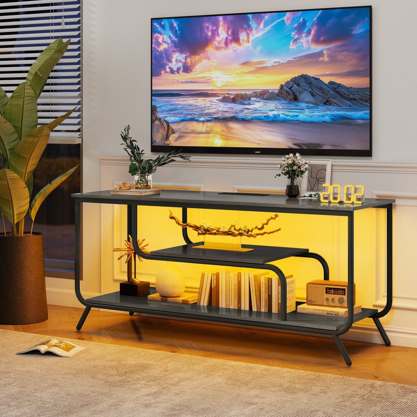 Aukfa LED TV Stand for TVs up to 32â€“55",Media Console with Power Outlets & USB Ports,Gray