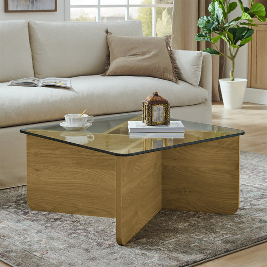 Aukfa Mid-Century Modern Glass Coffee Table for Living Room,Square Cocktail Table,Wood Base,Brown