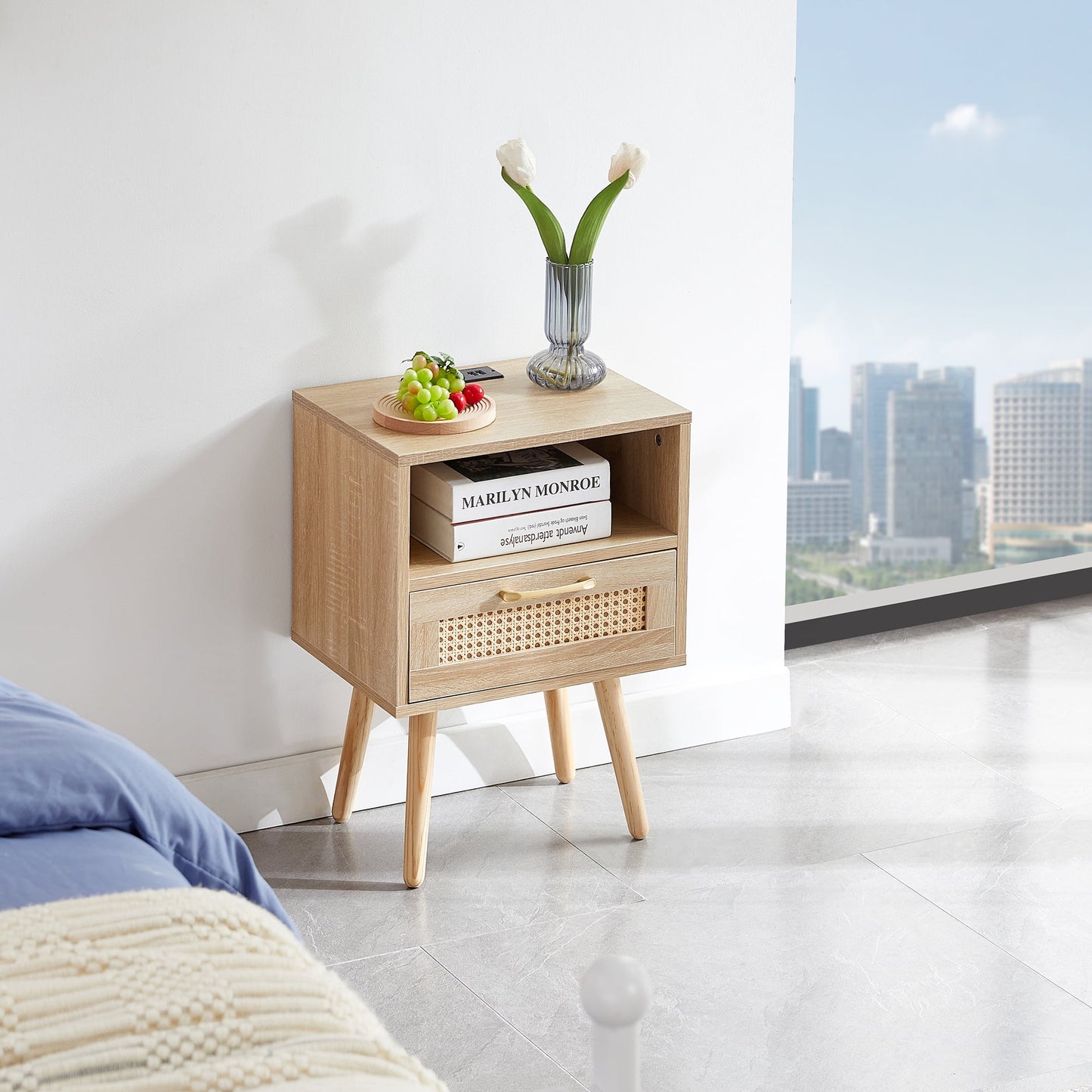 Aukfa Modern Nightstand Rattan End table with Power Outlet,USB Port for Living Room Bedroom,Brown