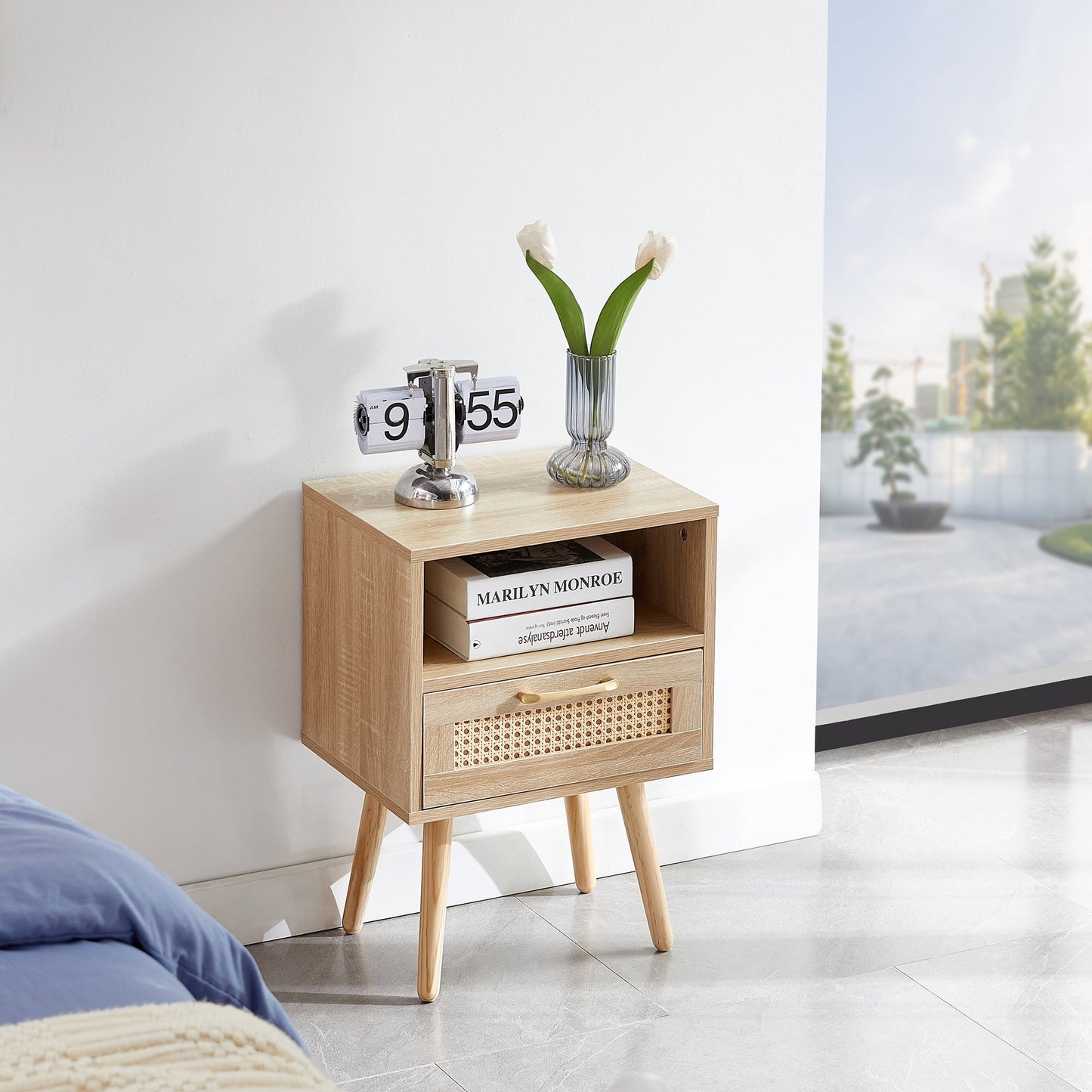 Aukfa Modern Nightstand Rattan End table with Storage Drawer for Living Room Bedroom,Brown