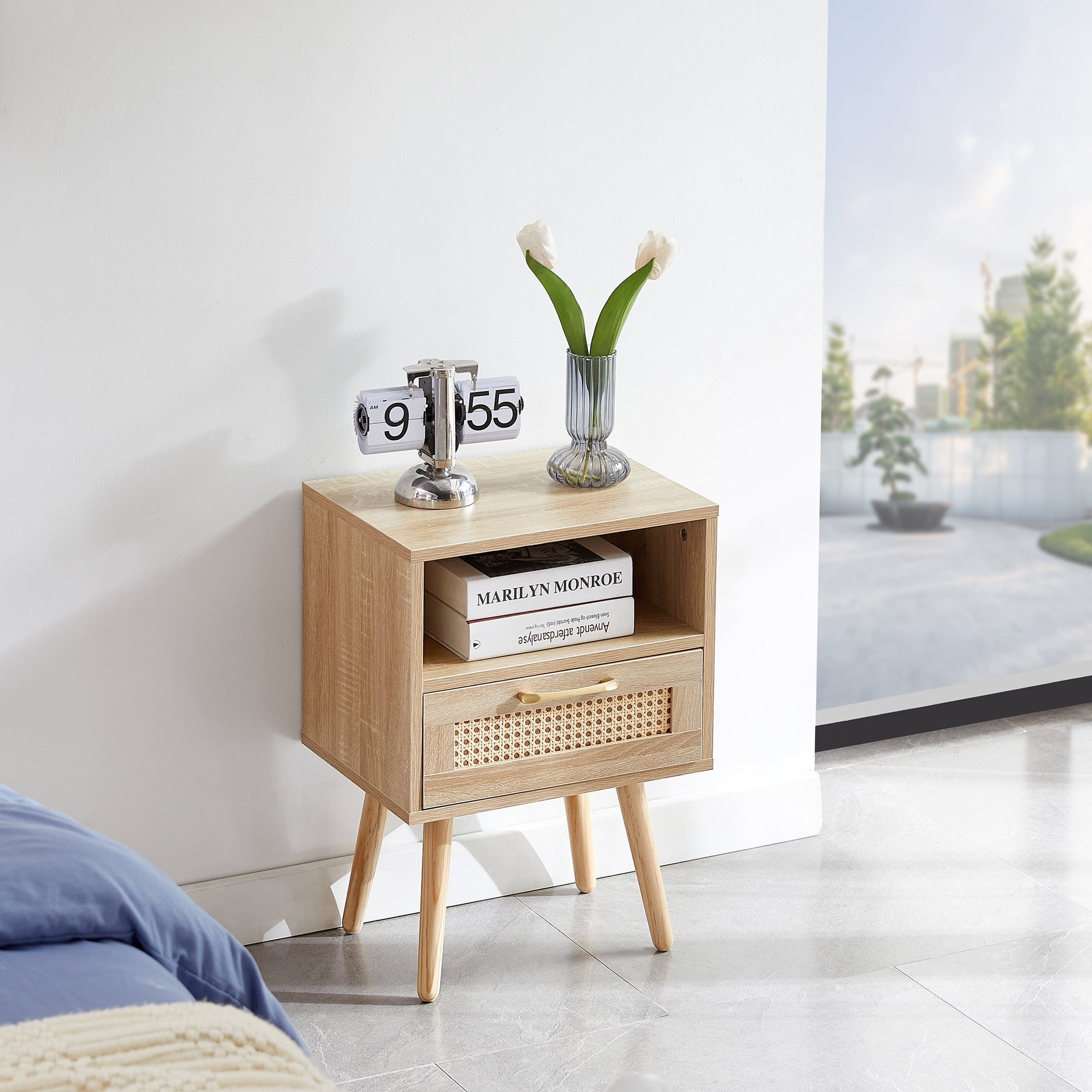 Aukfa Modern Nightstand Rattan End table with Storage Drawer for Living Room Bedroom,Brown
