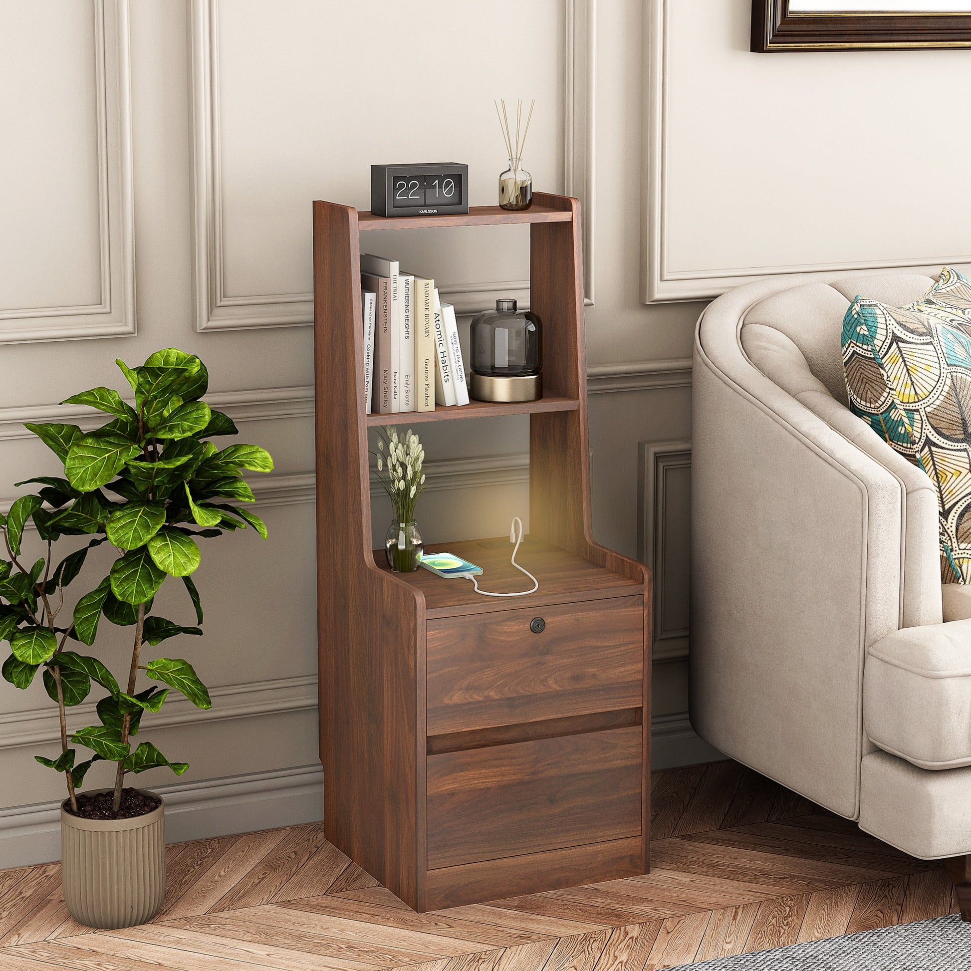 Aukfa Modern Nightstand with Charging Station & Night Light,Bedside Tables for Bedroom,Brown