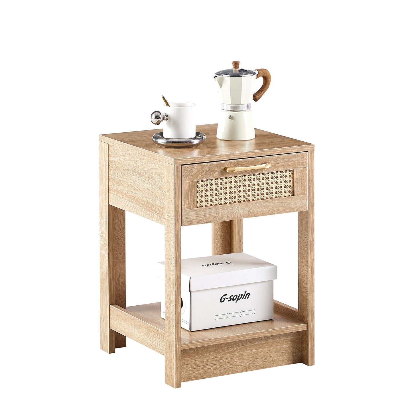 Aukfa Rattan Nightstand with Drawers for Bedroom - Brown