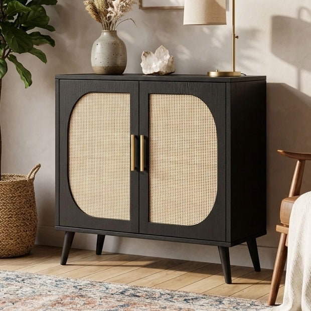 Aukfa Sideboard Cabinet with Rattan Doors, Accent Storage Cabinet,Black