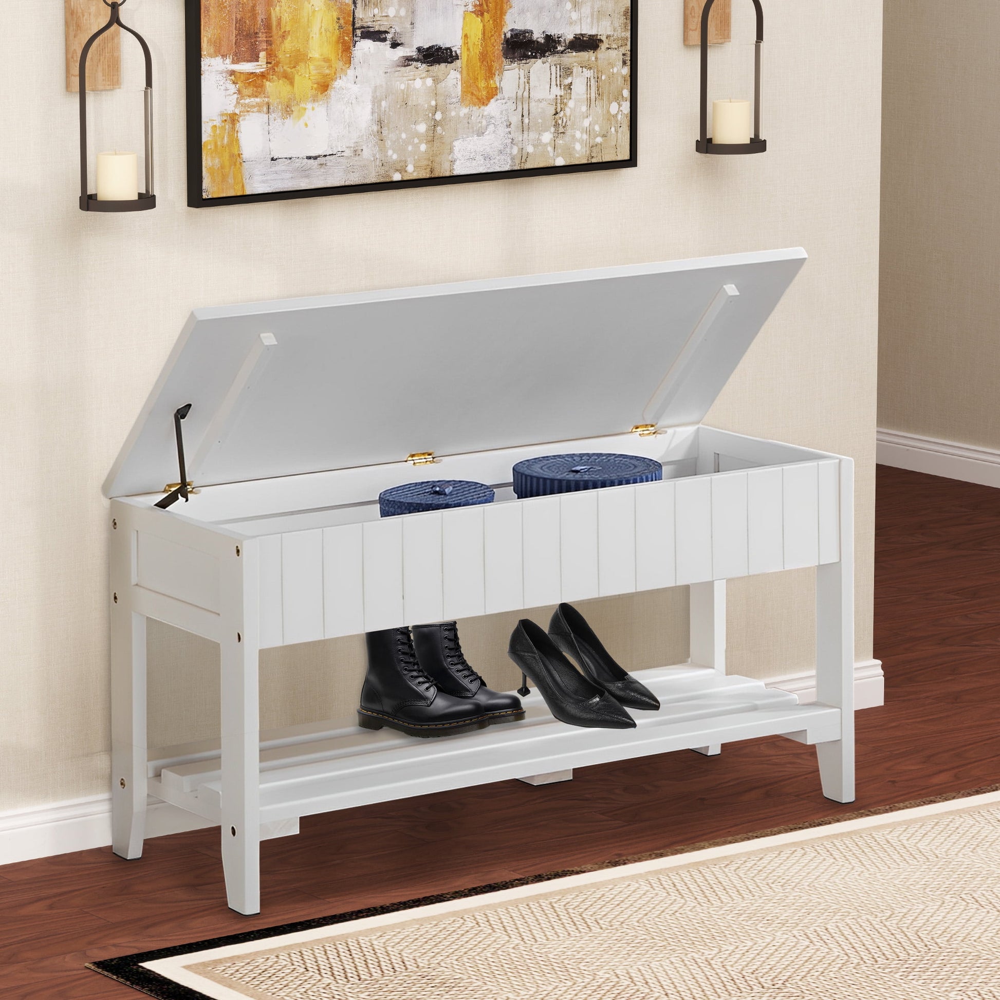 Aukfa Banco de Almacenamiento, Banco de Zapatos de Madera con Almacenamiento Superior Abatible para Pasillo/entrada/sala de Estar, Blanco