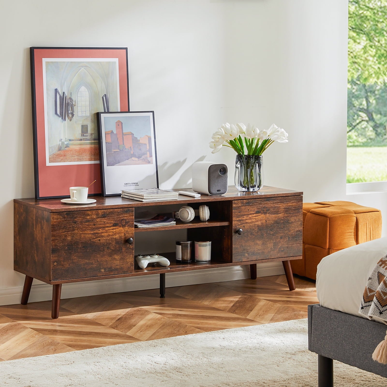 Aukfa TV Stand for TVs up to 60",TV Storage Cabinet for Living Room Bedroom, Brown