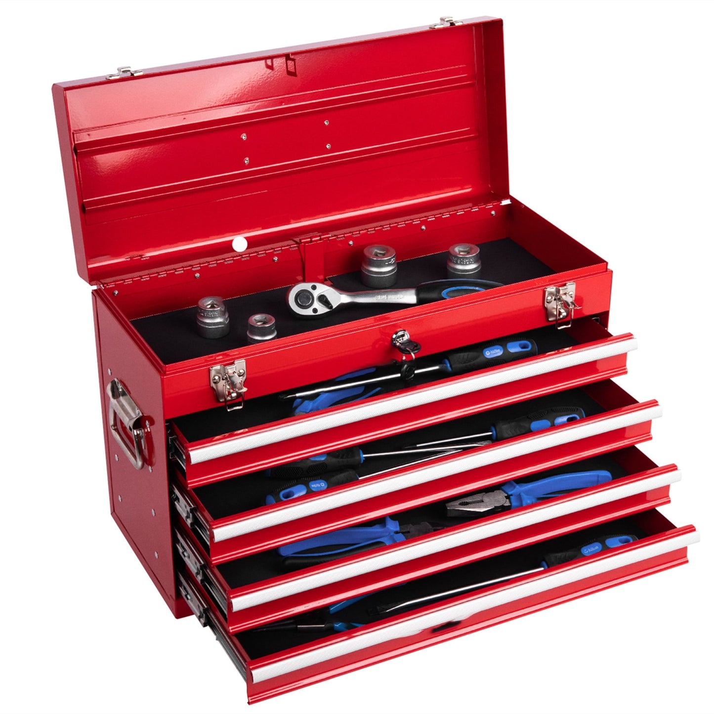 Aukfa Tool Box, 21 in Steel 4-Drawer Toolbox with Automatic Lock System for Garage, Red
