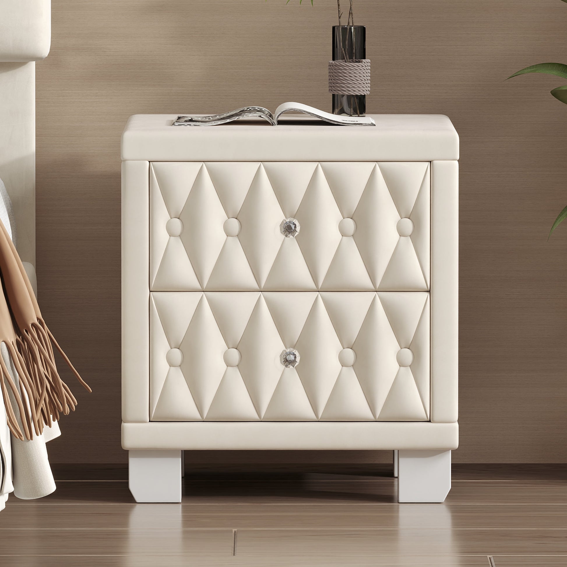 Aukfa Velvet 2-Drawer Nightstand with Crystal Knob Handles, Button-Tufted Bedside Table for Bedroom/Living RoomBeige