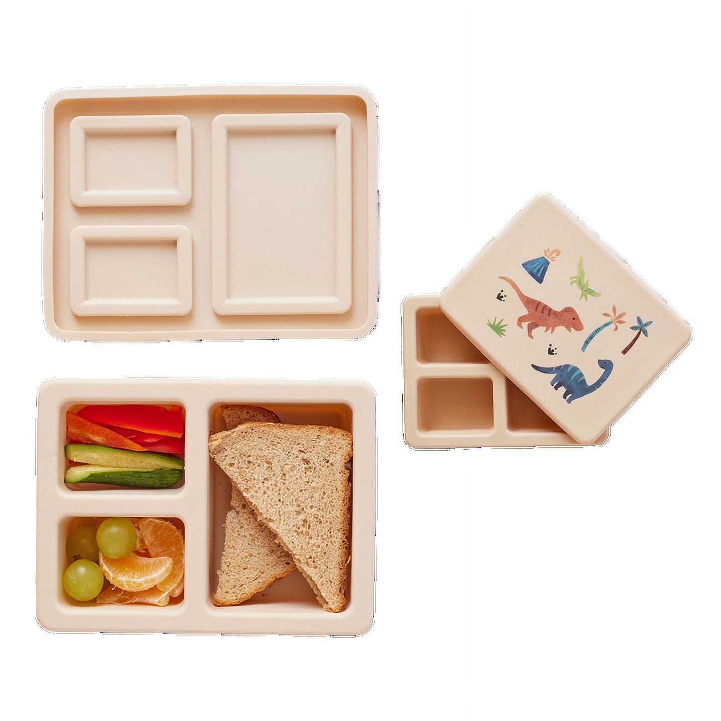 Austin Baby Co Leak-Proof Mini Bento Lunch Box for Toddler and Kids â€“ Silicone Container with 3 Leak-proof Compartments â€“ Food-Safe Materials, Dishwasher Safe, and BPA Free (Dinosaur Warm Cream)