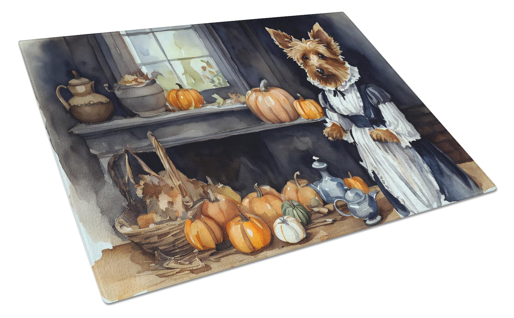 Australian Terrier Fall Kitchen Pumpkins Glass Cutting Board Large 12 in x 15 in