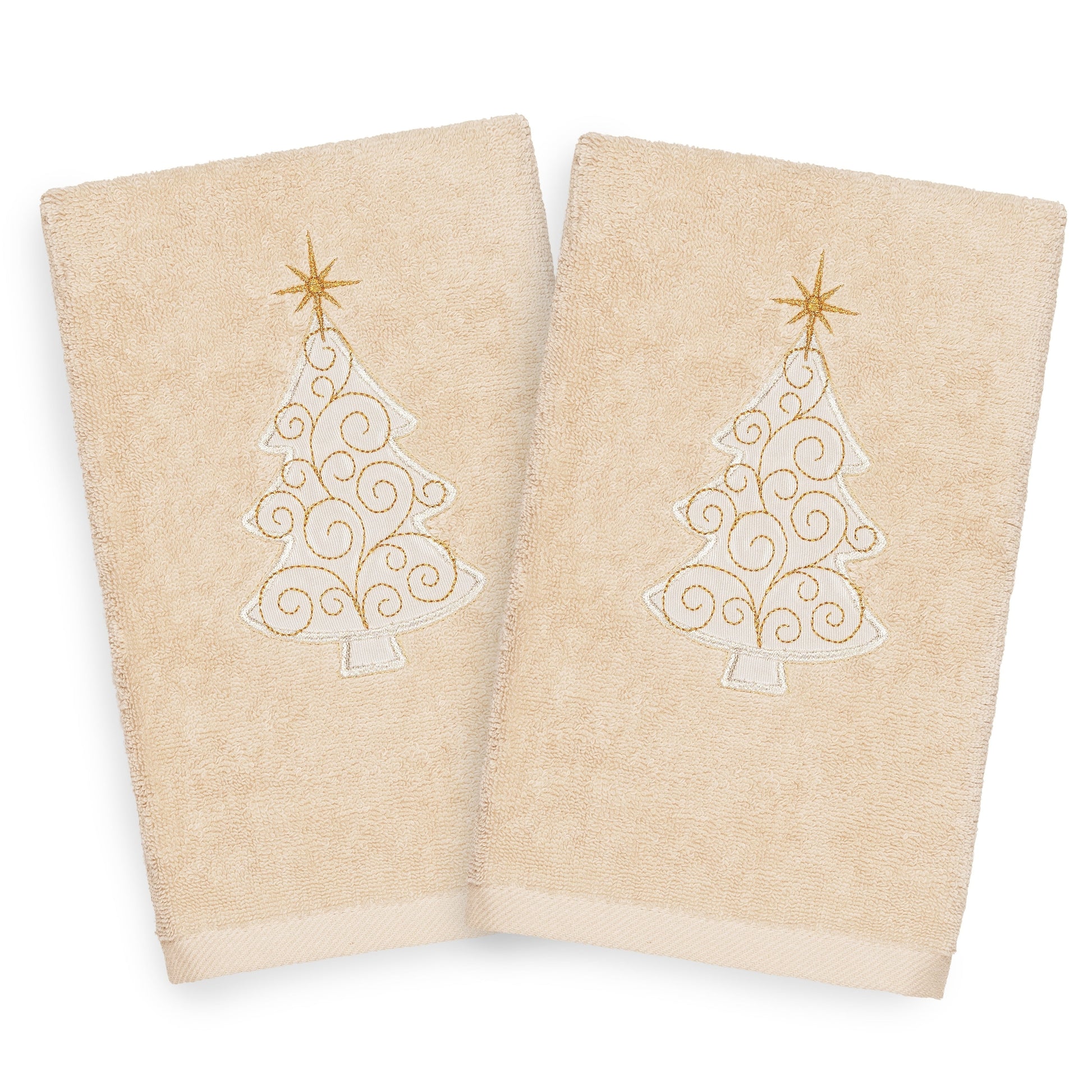 Linum Home Christmas Scroll Tree Party Embroidered Beige Turkish Cotton Hand Towels - Set of 2