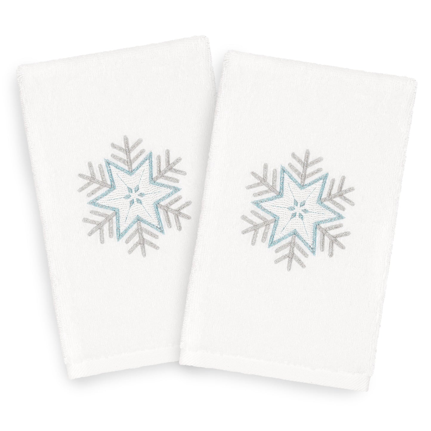 Linum Home Christmas Snowflake Embroidered White Turkish Cotton Hand Towels - Set of 2