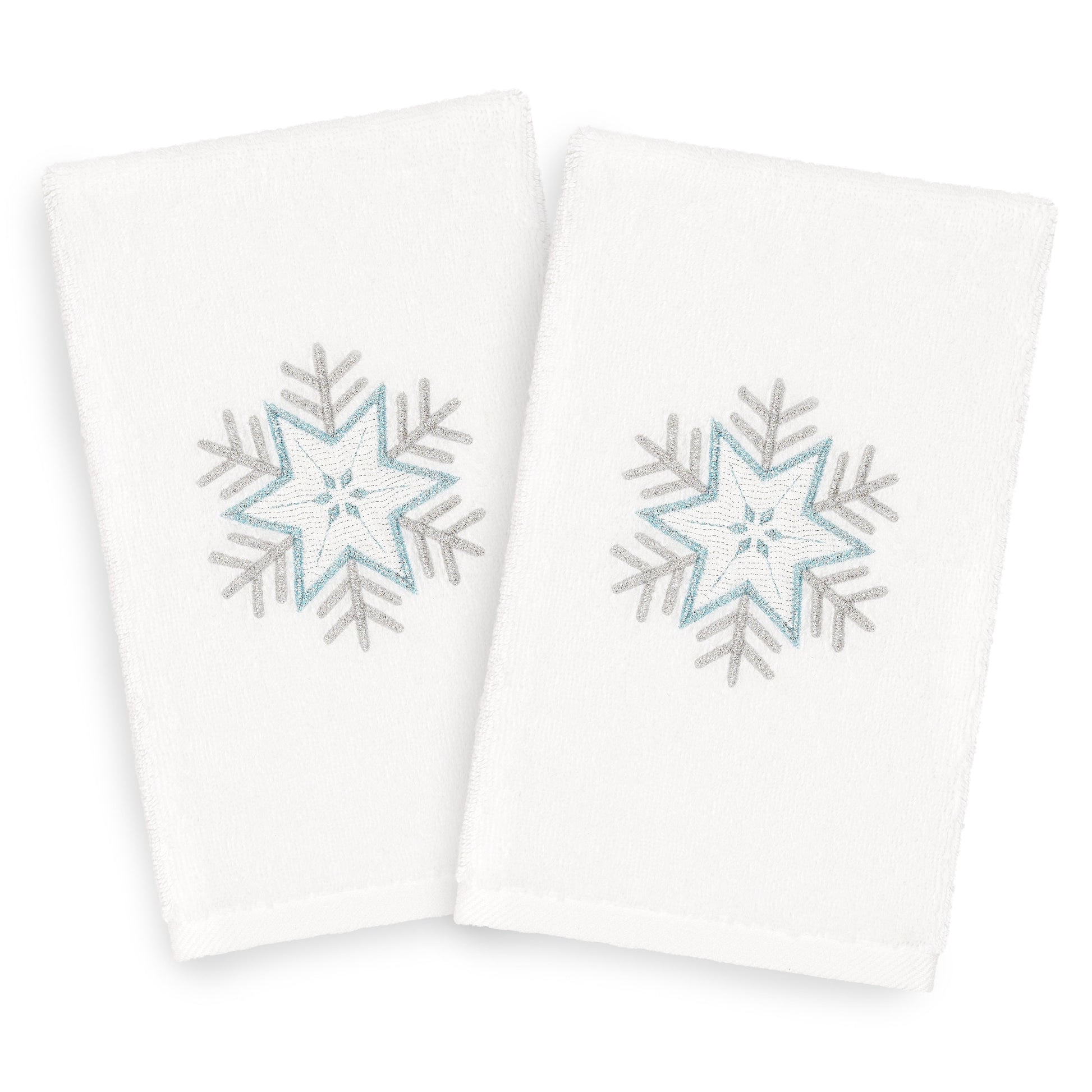 Linum Home Christmas Snowflake Embroidered White Turkish Cotton Hand Towels - Set of 2
