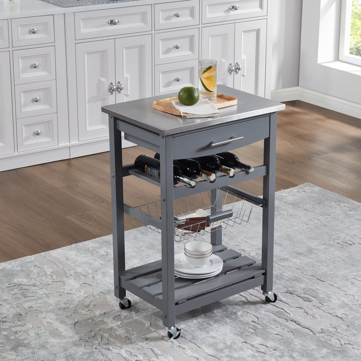 Avobird Kitchen Island Cart, Mobile Kitchen Cart with 22inch Marble Countertop/Underneath Drawer/Slide-Out Wire Storage Basket, Gray